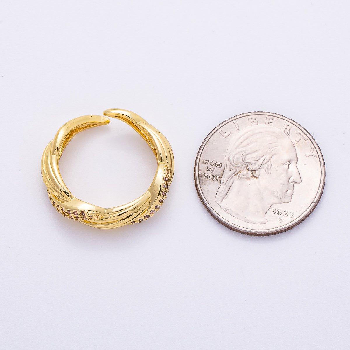 16K Gold Filled Micro Paved CZ Line Textured Ribbed Croissant Ring | Rings - 00071 - DLUXCA