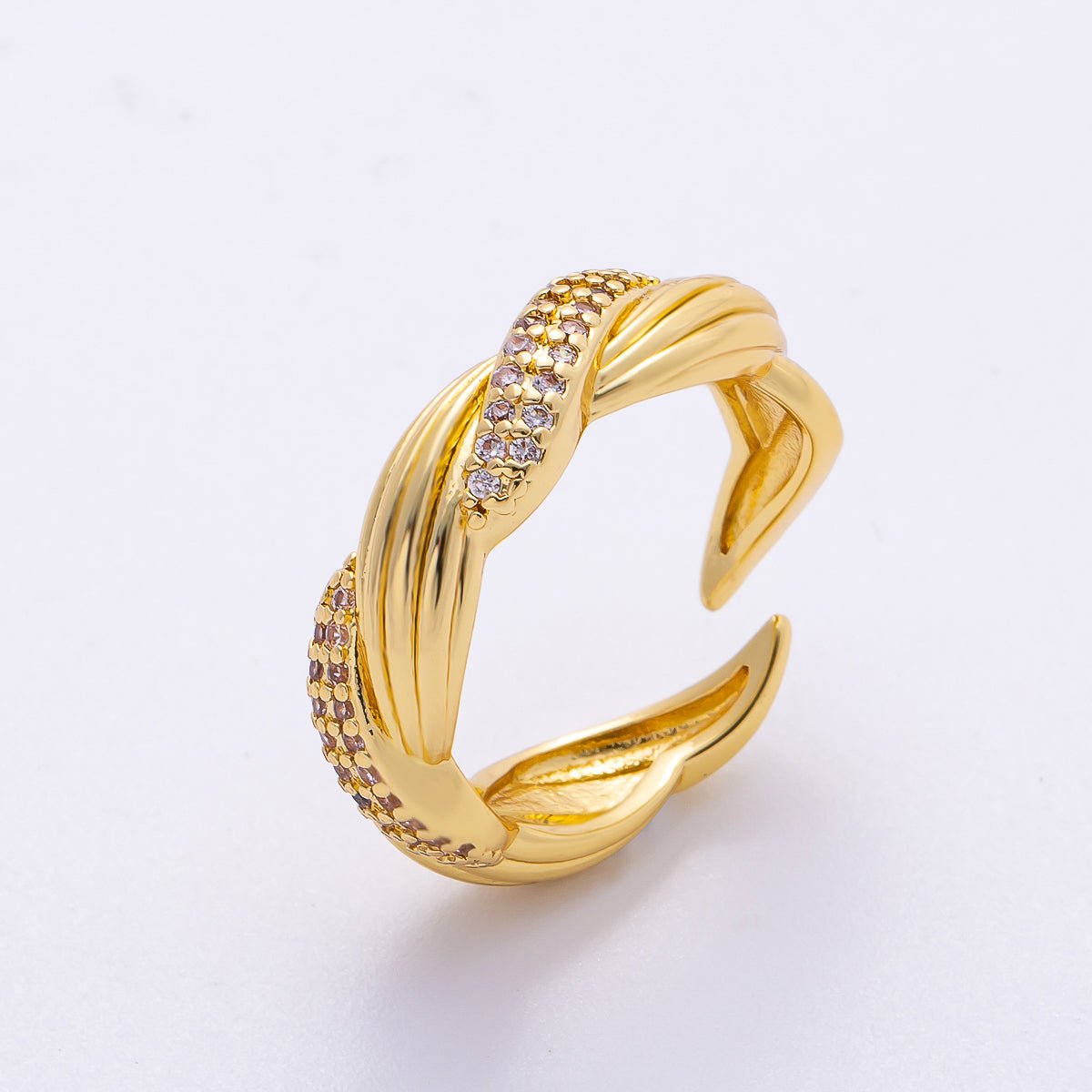 16K Gold Filled Micro Paved CZ Line Textured Ribbed Croissant Ring | Rings - 00071 - DLUXCA