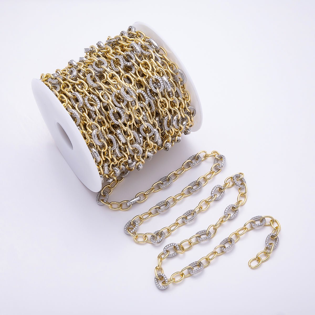 16K Gold Filled Micro Paved CZ Mixed Metal Cable Unfinished Chain by Yard | Roll - 01874 - DLUXCA