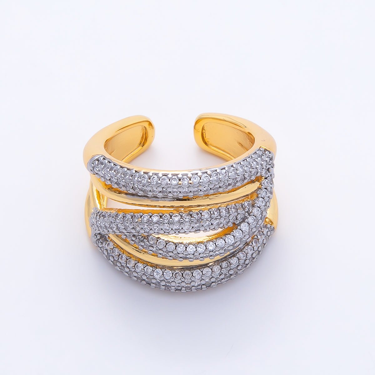 16K Gold Filled Micro Paved CZ Mixed Metal Wide Multiband Ring | Rings-00266 - DLUXCA