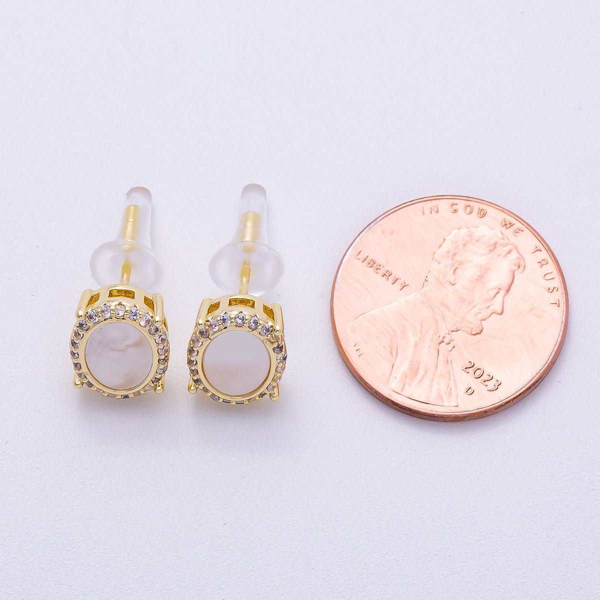 16K Gold Filled Micro Paved CZ Mother Of Pearl Bezel Oval Stud Earrings | Earrings - 00296 - DLUXCA