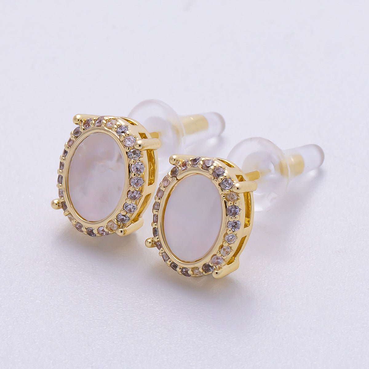 16K Gold Filled Micro Paved CZ Mother Of Pearl Bezel Oval Stud Earrings | Earrings - 00296 - DLUXCA
