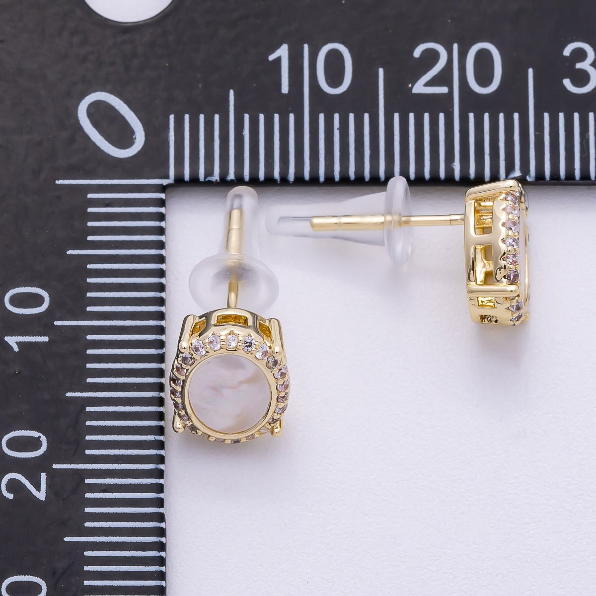 16K Gold Filled Micro Paved CZ Mother Of Pearl Bezel Oval Stud Earrings | Earrings - 00296 - DLUXCA