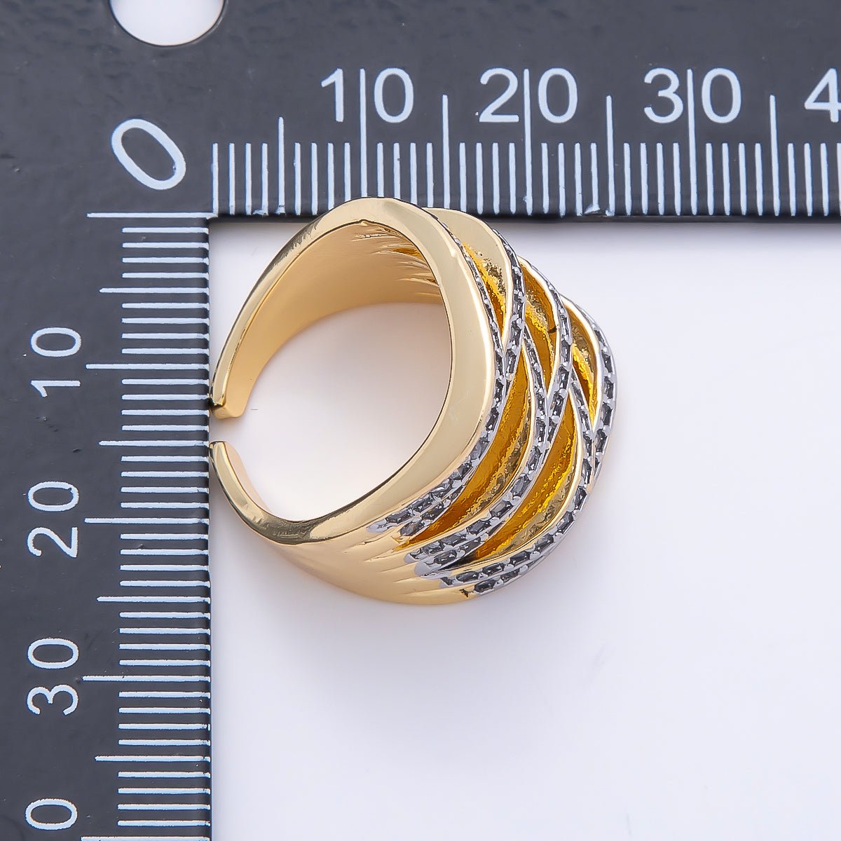 16K Gold Filled Micro Paved CZ Multiple Band Knot Wide Mixed Metal Ring | Rings-00265 - DLUXCA