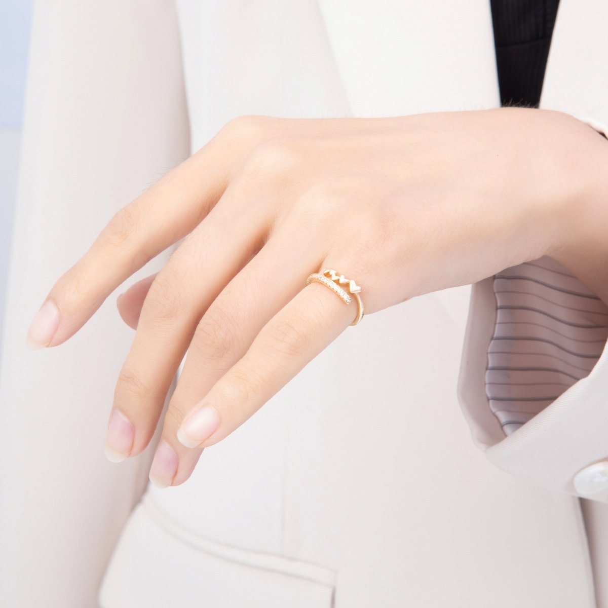 16K Gold Filled Micro Paved CZ Multiple Heart Adjustable Pinky Ring | Rings-00387 - DLUXCA