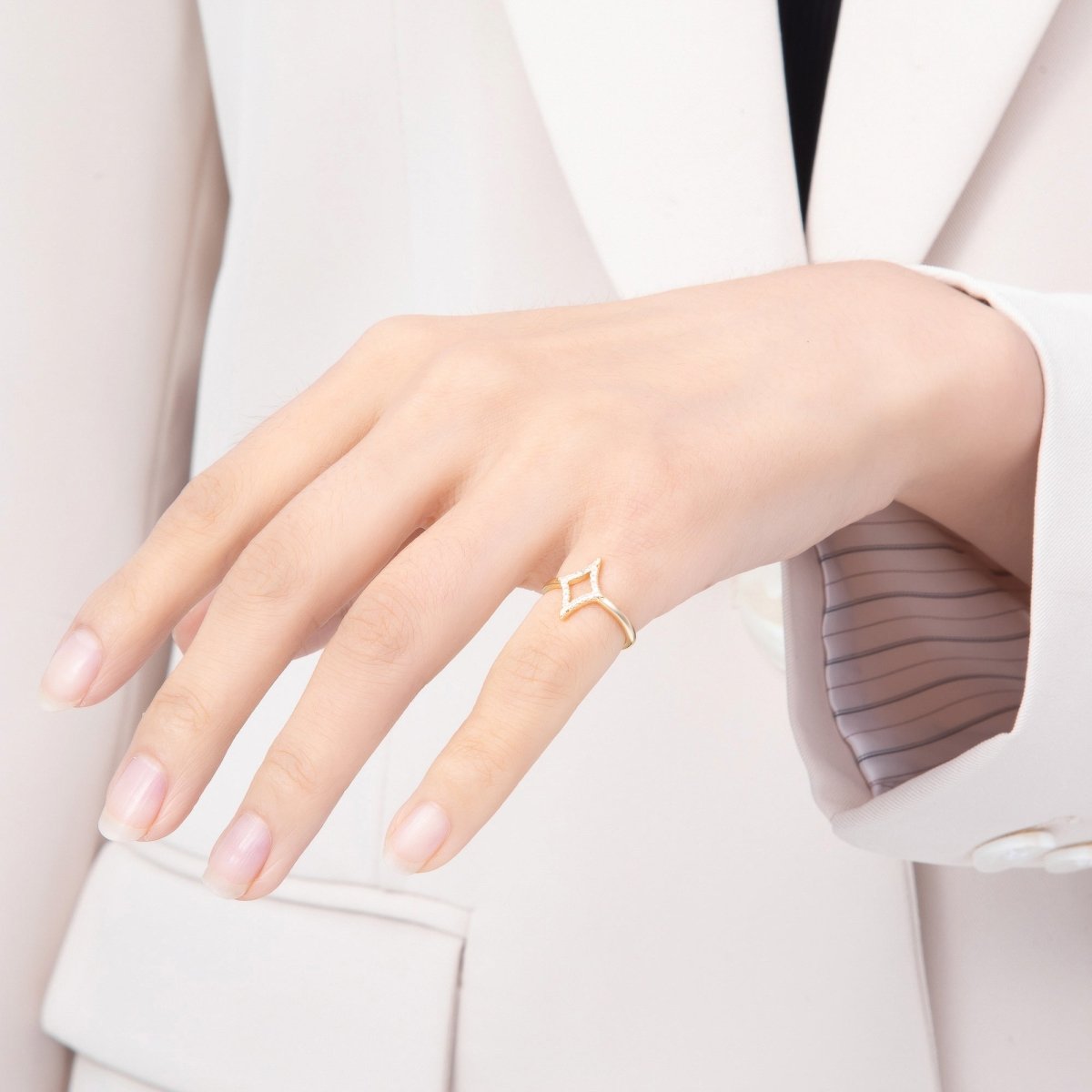 16K Gold Filled Micro Paved CZ North Starburst Open Adjustable Pinky Ring | Rings-00385 - DLUXCA