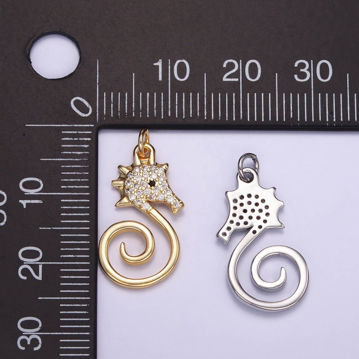 16K Gold Filled Micro Paved CZ Seahorse Ocean Animal Charm in Gold & Silver | M119 - DLUXCA