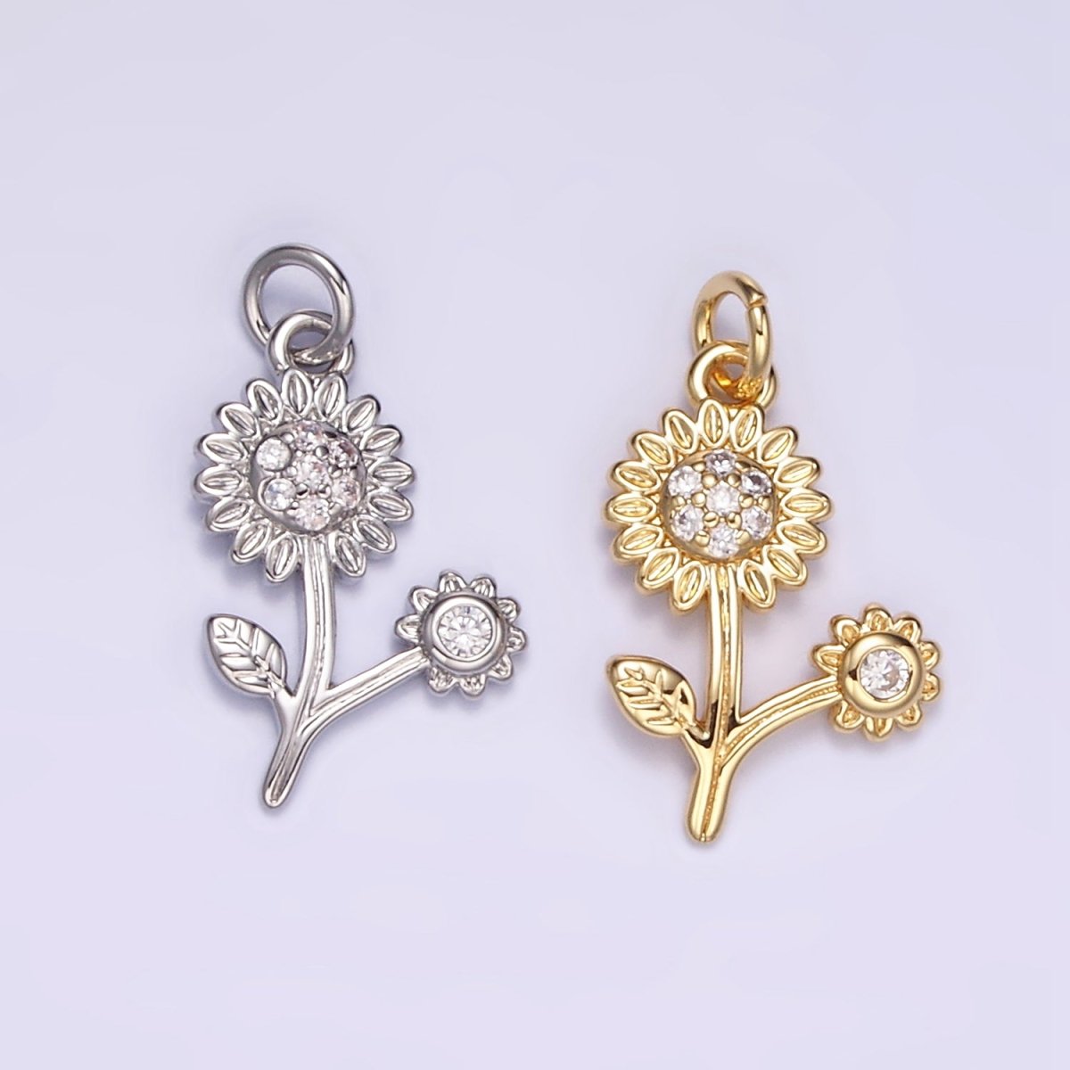 16K Gold Filled Micro Paved CZ Sunflower Charm in Gold & Silver | M117 - DLUXCA