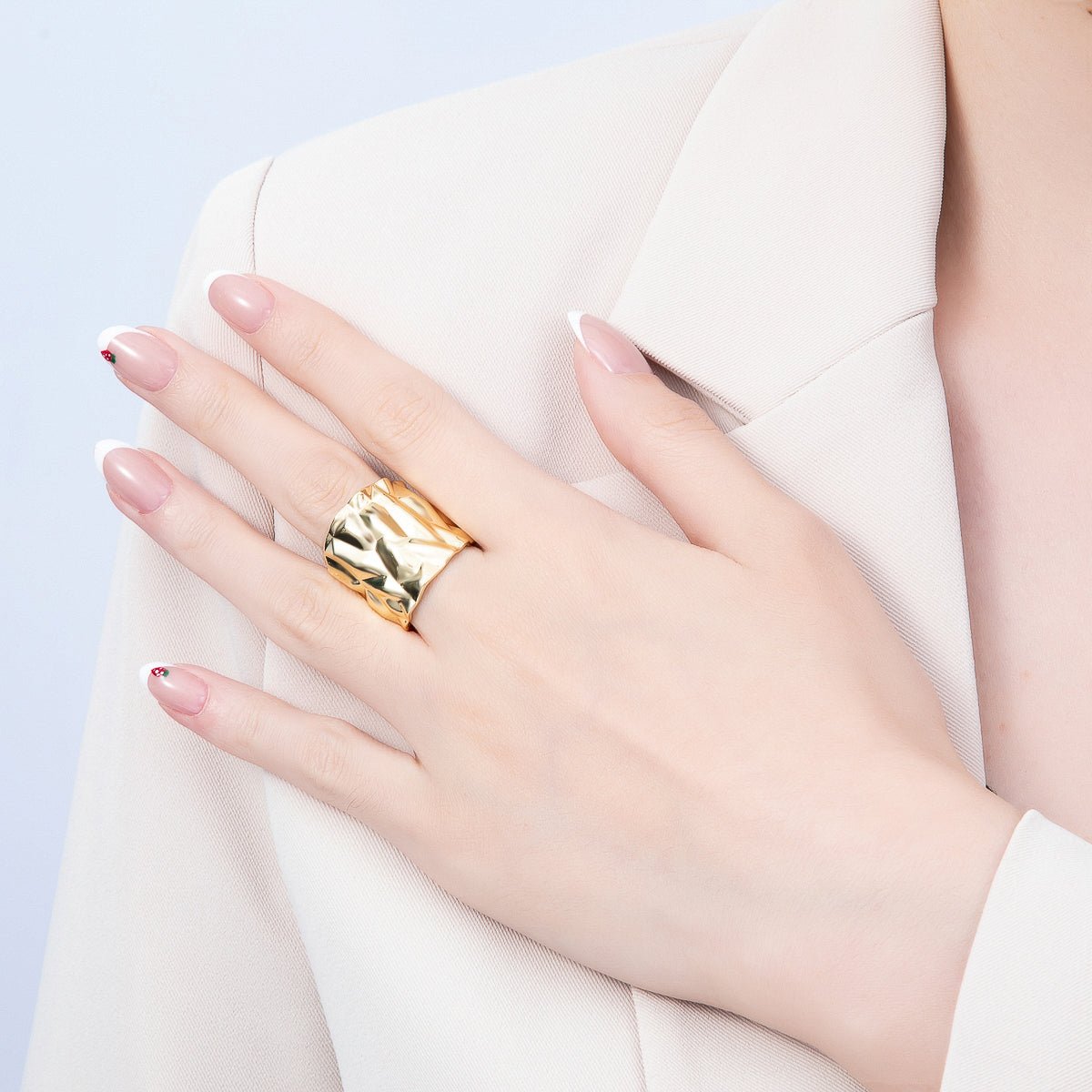 16K Gold Filled Minimalist Hammered Foil Wide Band Ring | Rings-00309 - DLUXCA