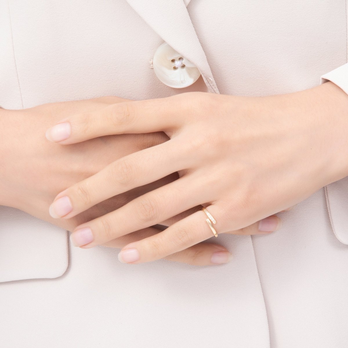 16K Gold Filled Minimalist Micro Paved CZ Asymmetric Bypass Adjustable Pinky Ring | Rings-00383 - DLUXCA