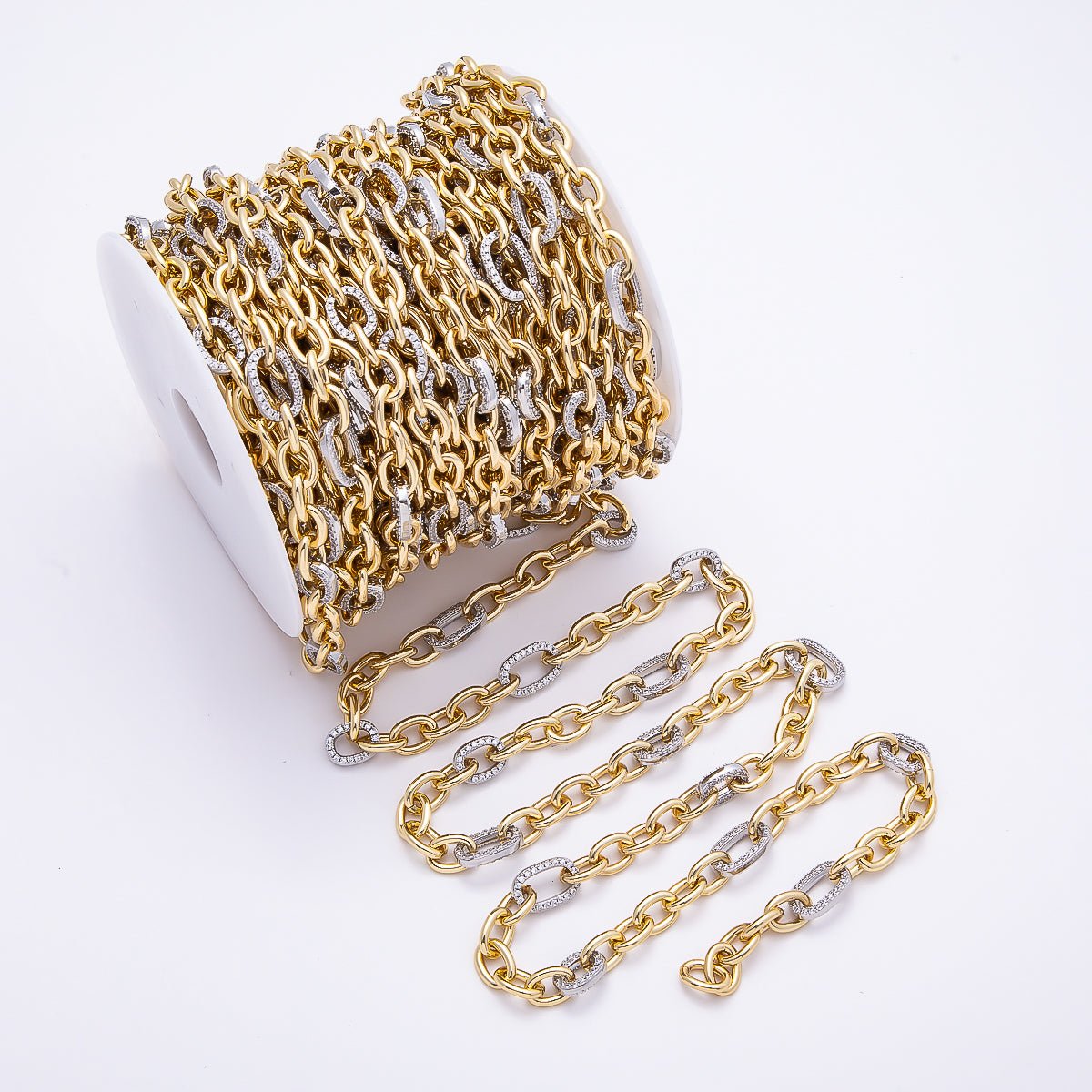 16K Gold Filled Mixed Metal Micro Paved CZ Cable Unfinished Chain by Yard | Roll - 01873 - DLUXCA