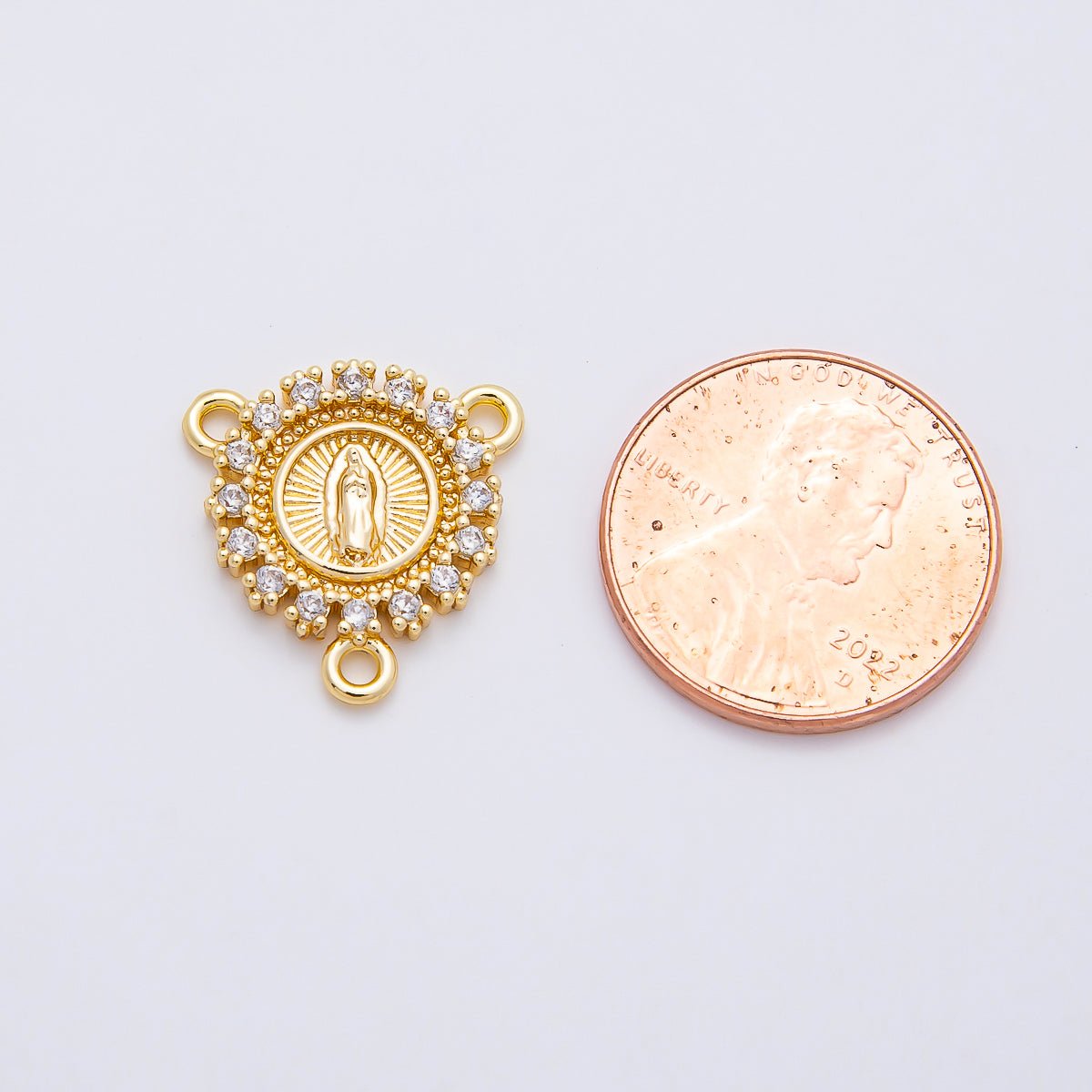 16K Gold Filled Mother Mary Micro Paved CZ Round Triple Connector in Gold & Silver | CONNECTORS-00026 - DLUXCA