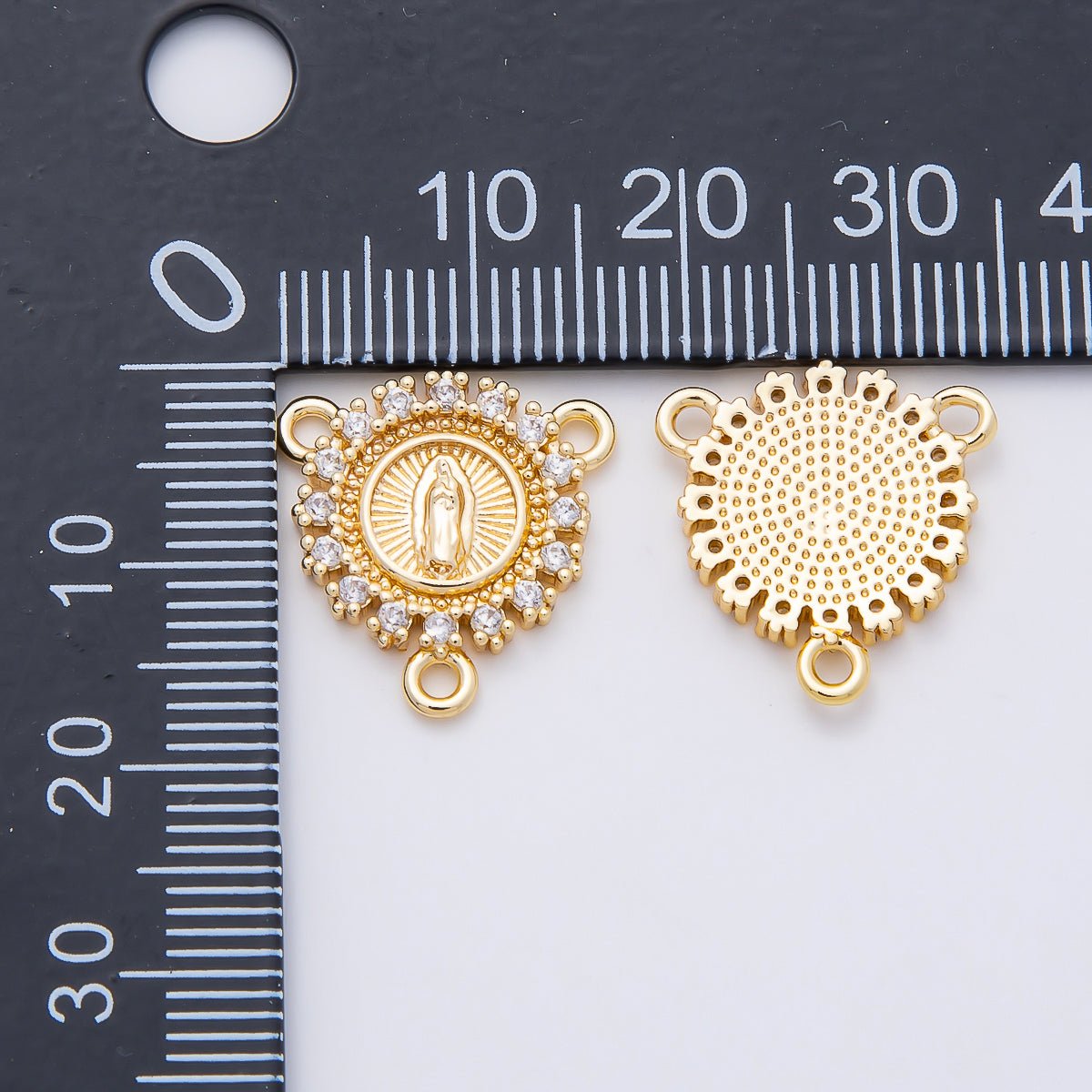 16K Gold Filled Mother Mary Micro Paved CZ Round Triple Connector in Gold & Silver | CONNECTORS-00026 - DLUXCA