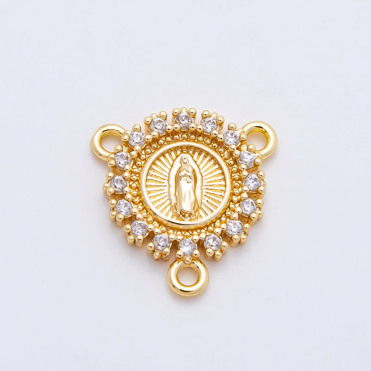 16K Gold Filled Mother Mary Micro Paved CZ Round Triple Connector in Gold & Silver | CONNECTORS-00026 - DLUXCA