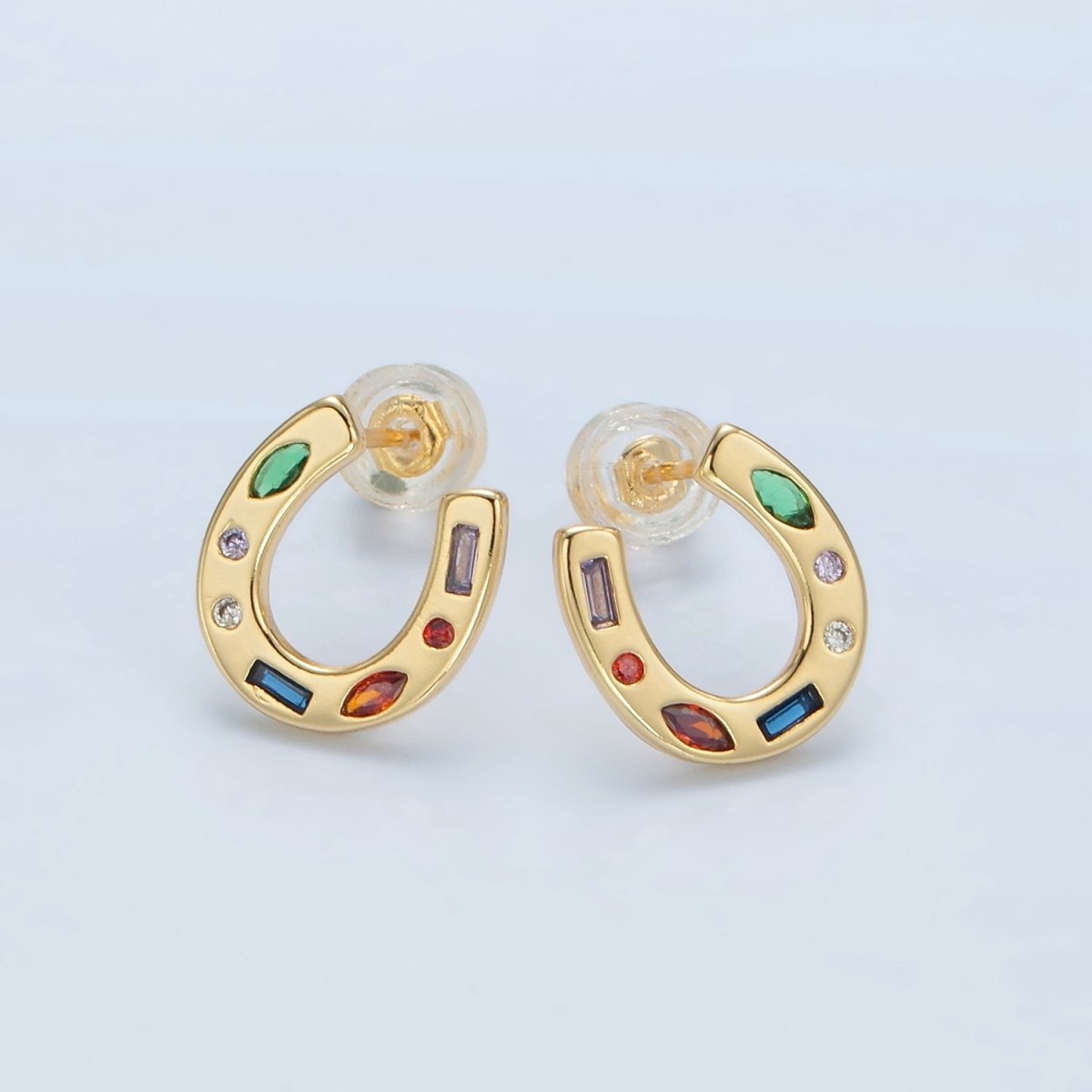 16K Gold Filled Multicolor CZ Horseshoe Stud Earrings | AD604 - DLUXCA