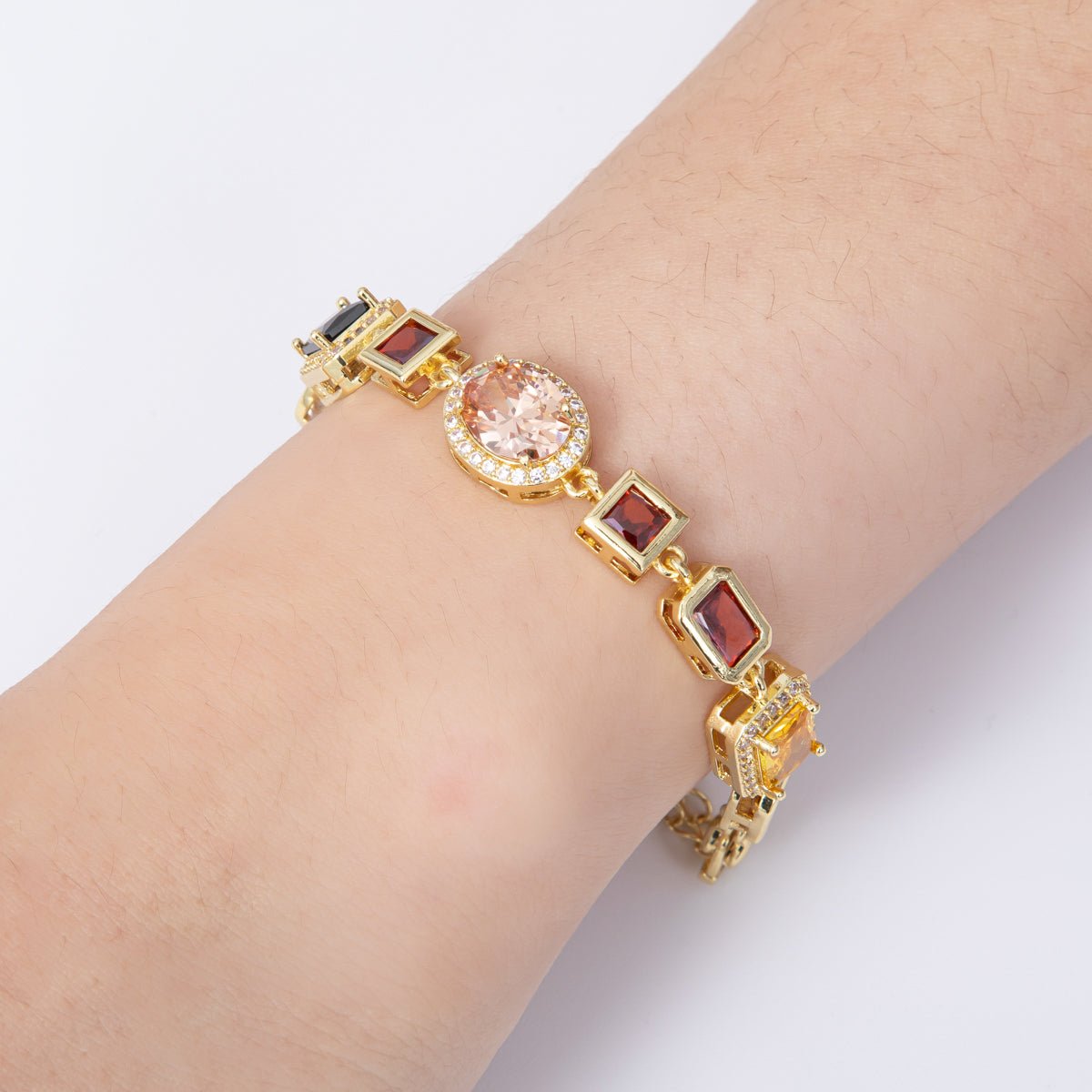 16K Gold Filled Multicolor Round Baguette CZ Micro Paved 6.5 Inch Bracelet w. Extender | WA - 04146 - DLUXCA