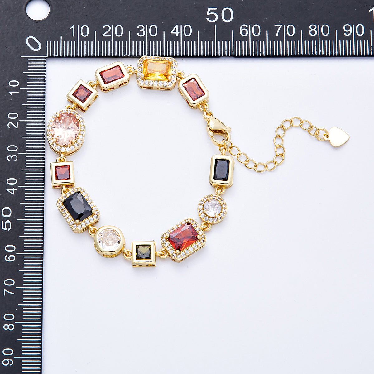 16K Gold Filled Multicolor Round Baguette CZ Micro Paved 6.5 Inch Bracelet w. Extender | WA - 04146 - DLUXCA