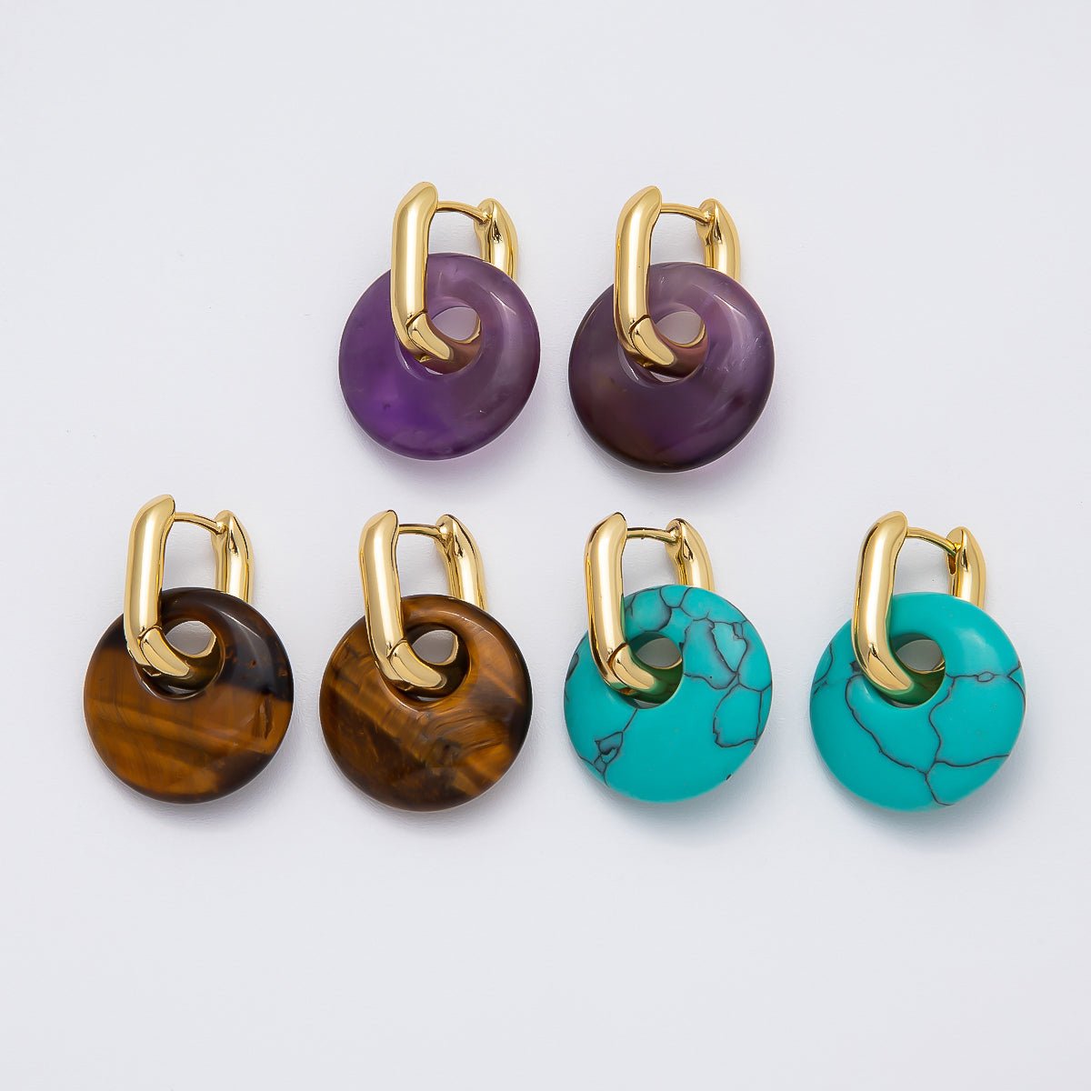 16K Gold Filled Natural Gemstone Donut Drop Oblong Hoop Earrings | EARRINGS - 00245 ~ EARRINGS - 00247 - DLUXCA