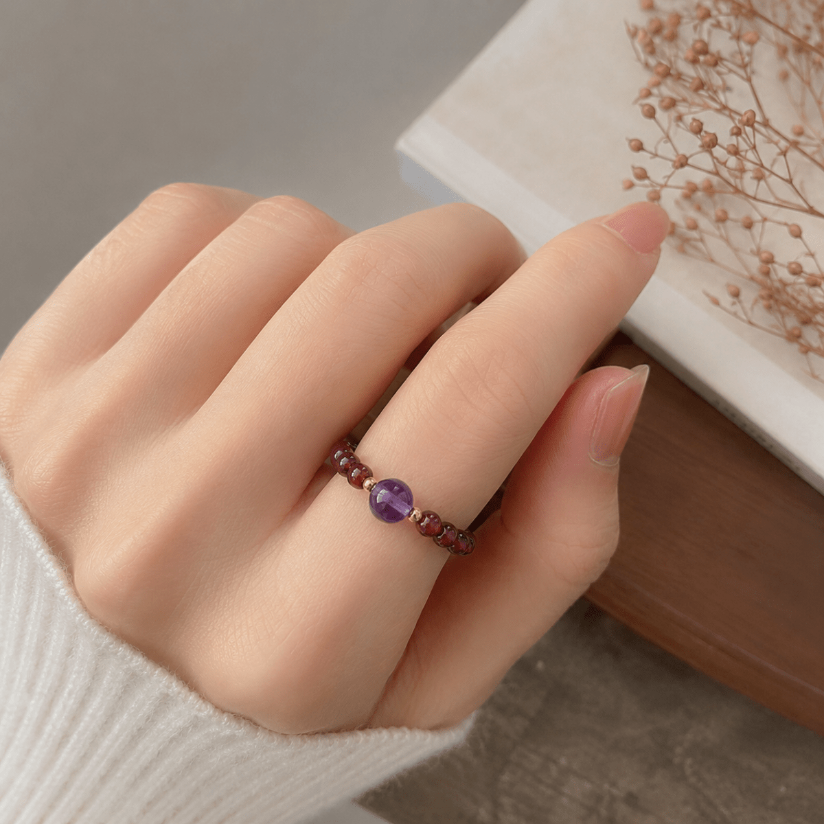 16K Gold Filled Natural Gemstone Round Beaded Elastic Stretch Ring | Rings - 00096 ~ Rings - 00107 - DLUXCA