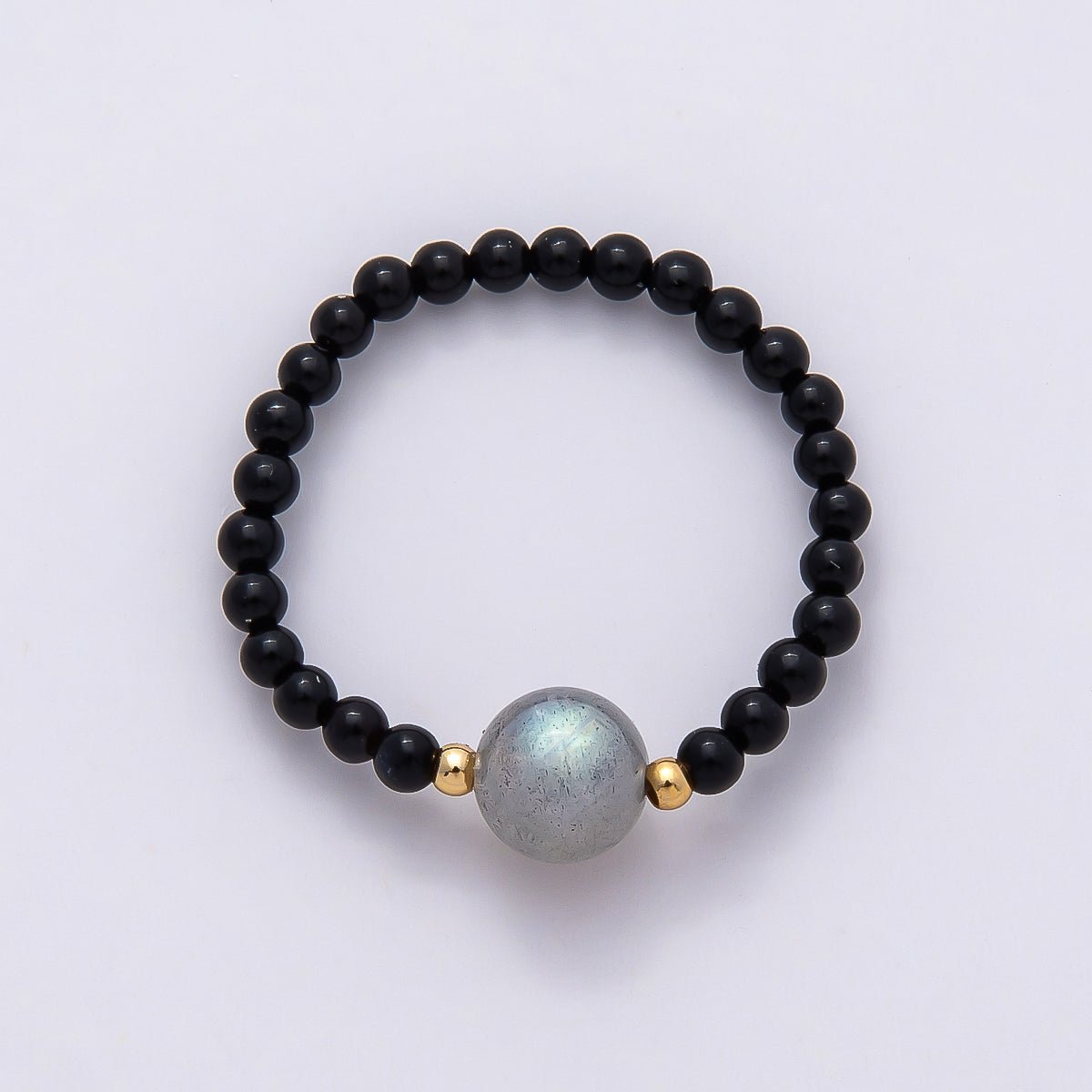 16K Gold Filled Natural Gemstone Round Beaded Elastic Stretch Ring | Rings - 00096 ~ Rings - 00107 - DLUXCA