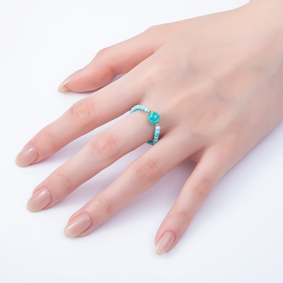 16K Gold Filled Natural Gemstone Round Beaded Elastic Stretch Ring | Rings - 00096 ~ Rings - 00107 - DLUXCA
