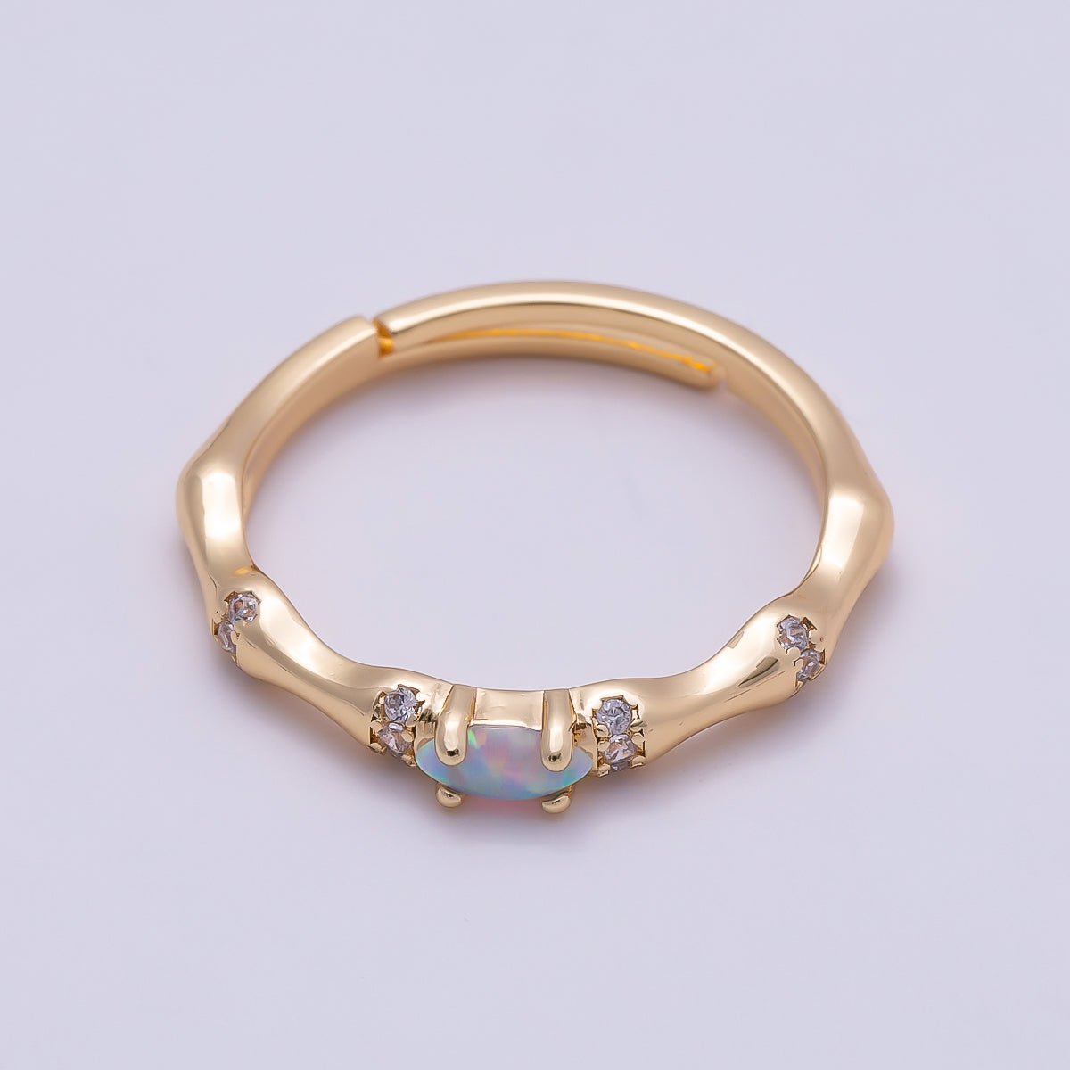 16K Gold Filled Opal Micro Paved CZ Bamboo Adjustable Ring | Rings-00140 - DLUXCA