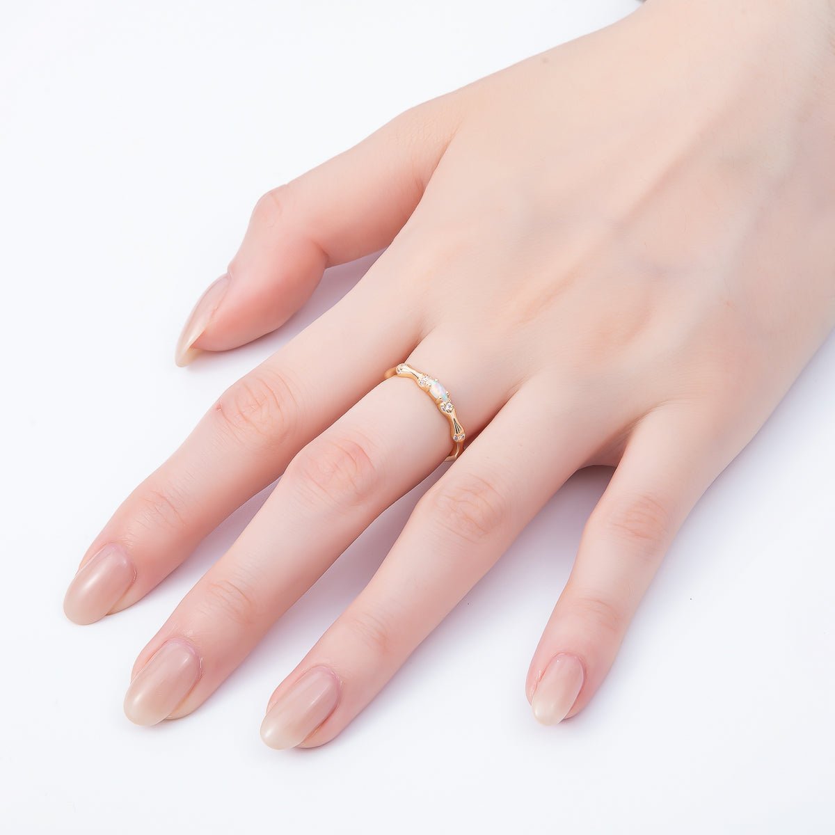 16K Gold Filled Opal Micro Paved CZ Bamboo Adjustable Ring | Rings-00140 - DLUXCA