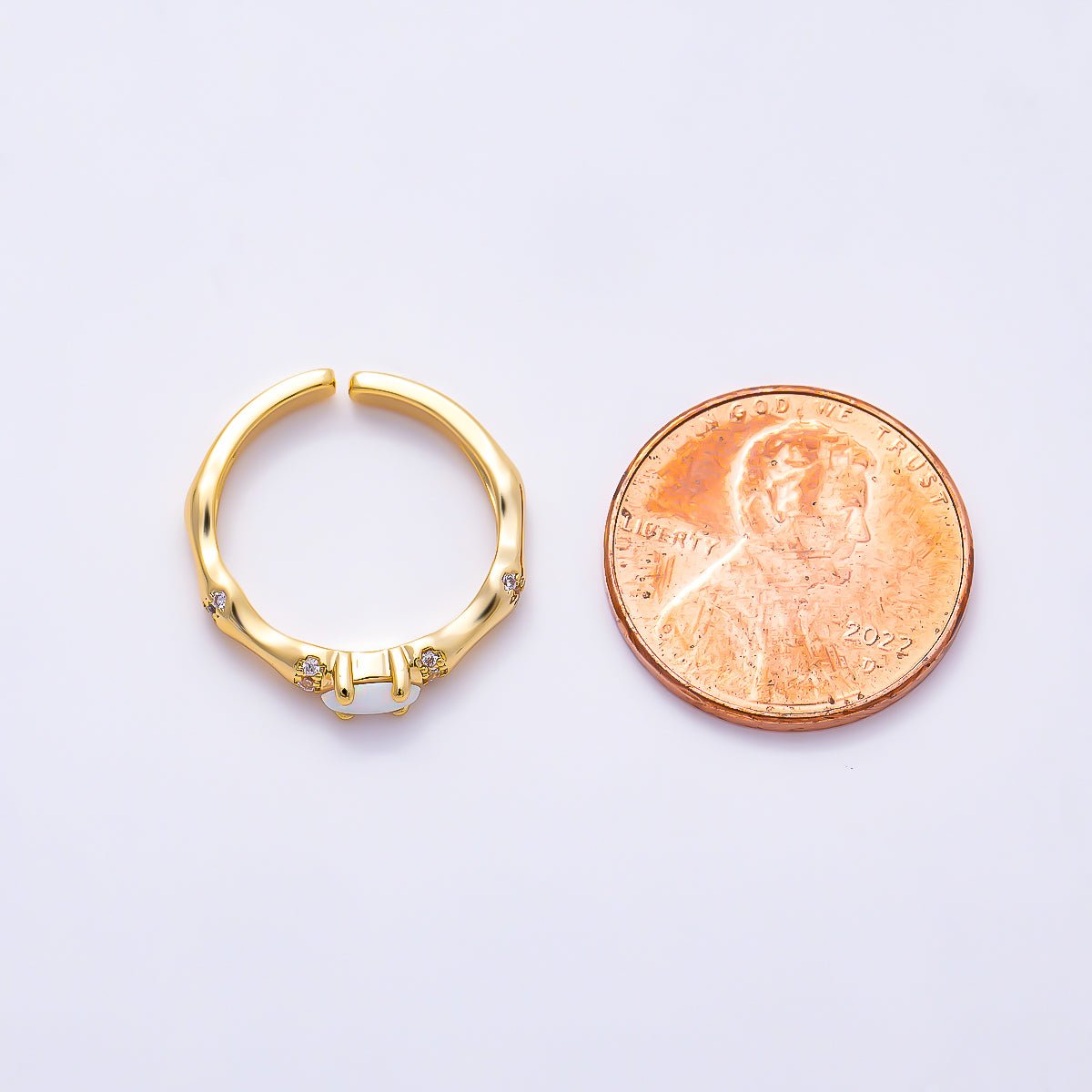 16K Gold Filled Oval White Opal Organic Bamboo Clear CZ Adjustable Ring | Rings-00384 - DLUXCA