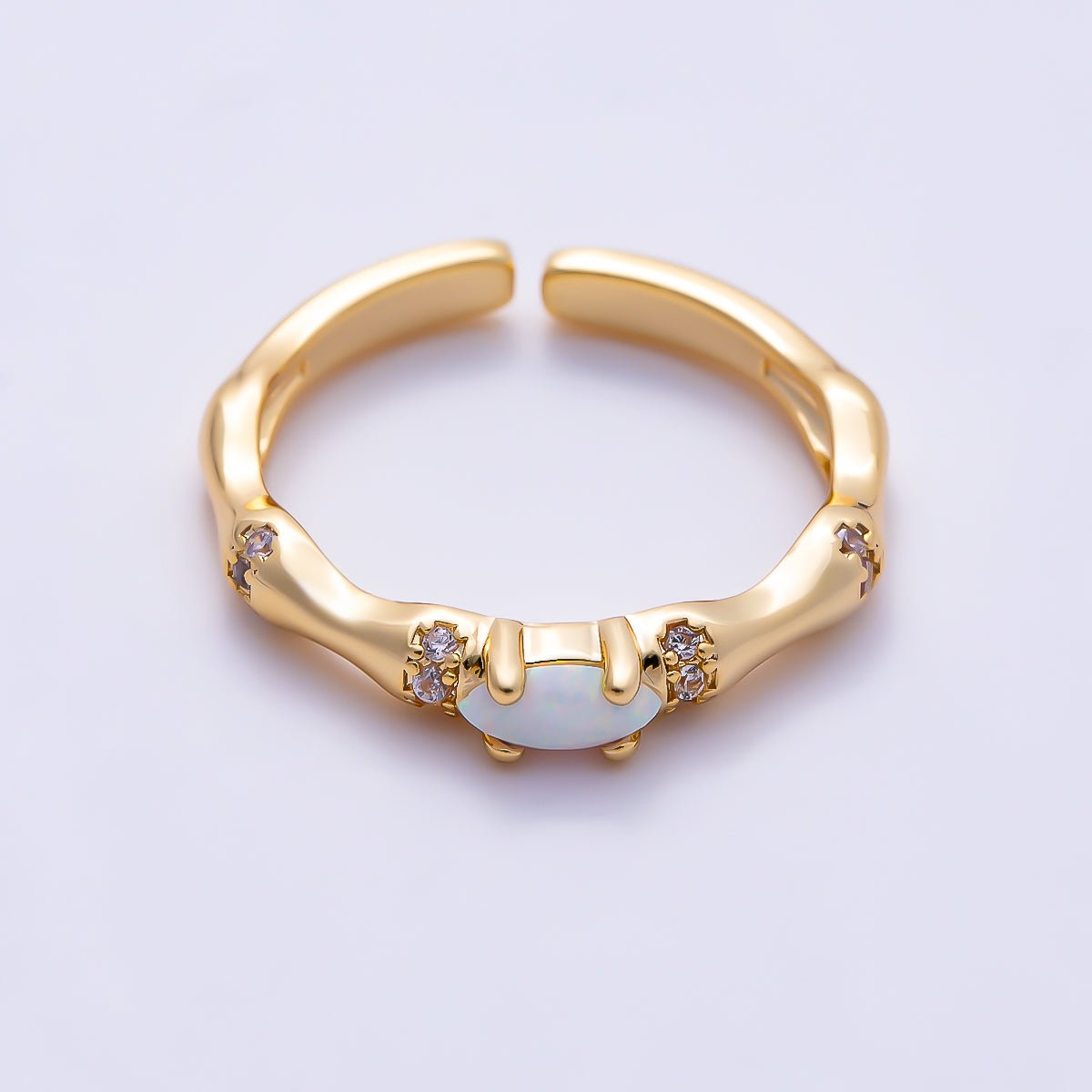 16K Gold Filled Oval White Opal Organic Bamboo Clear CZ Adjustable Ring | Rings-00384 - DLUXCA
