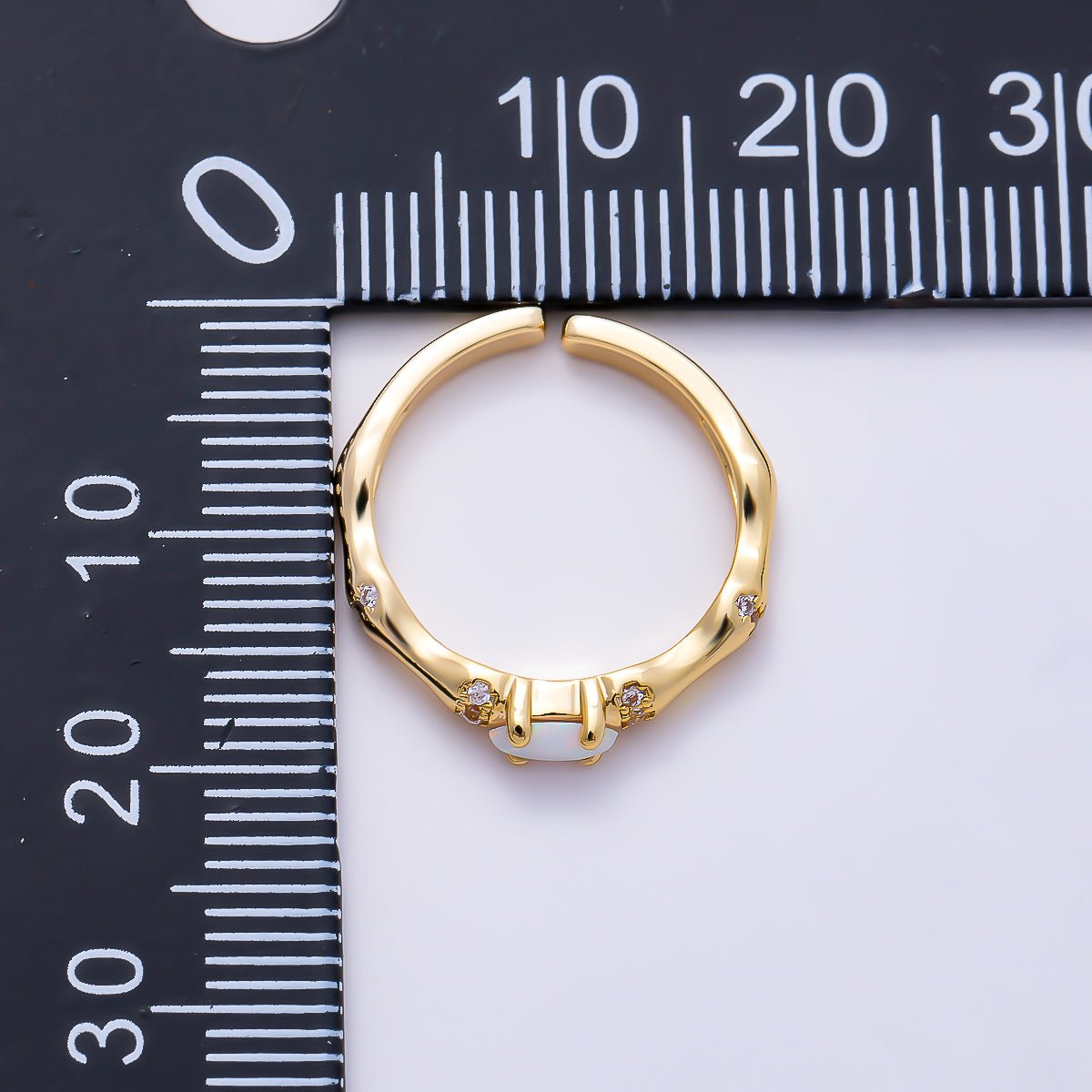 16K Gold Filled Oval White Opal Organic Bamboo Clear CZ Adjustable Ring | Rings-00384 - DLUXCA
