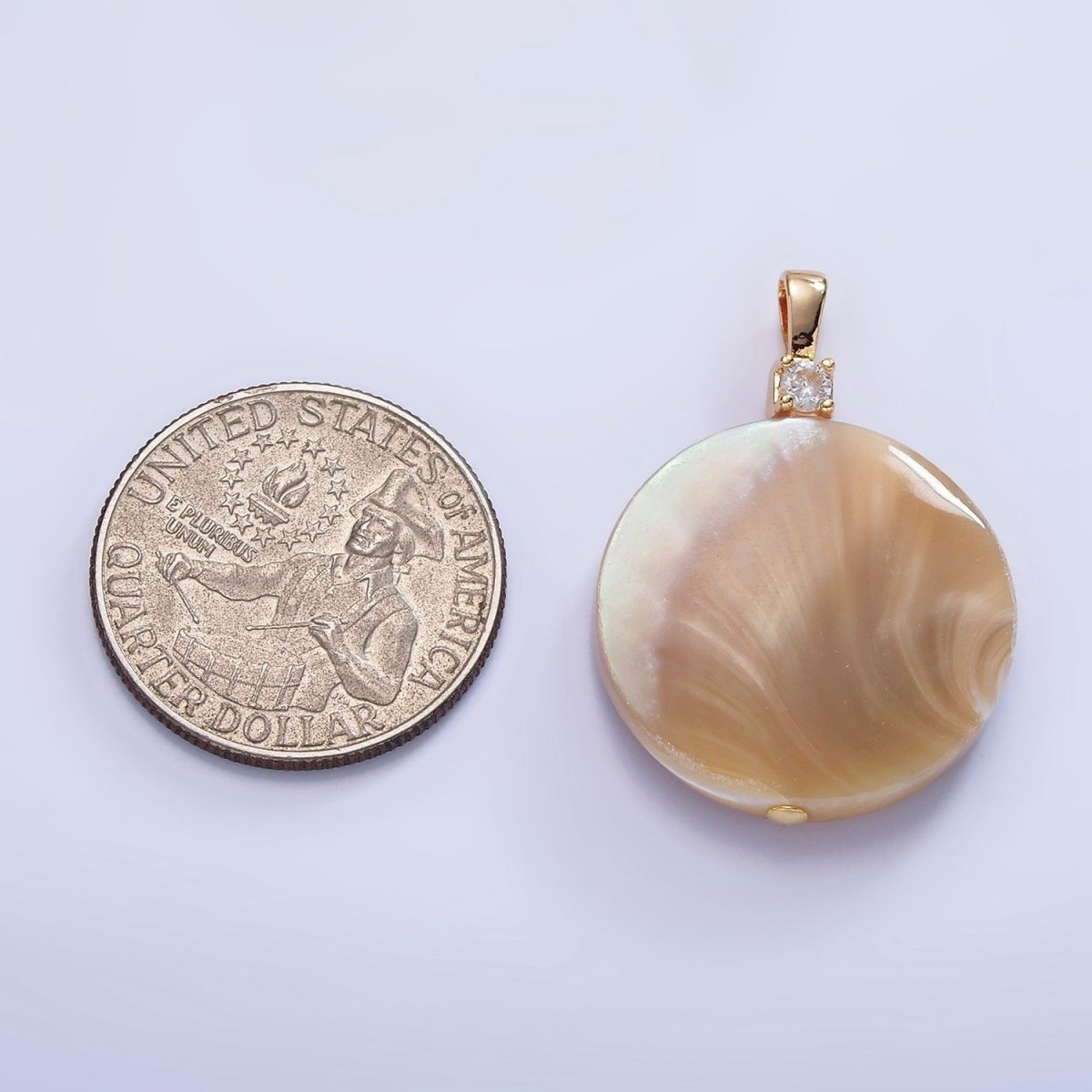 16K Gold Filled Peach White Shell Pearl Round CZ Pendant | P1576 - DLUXCA