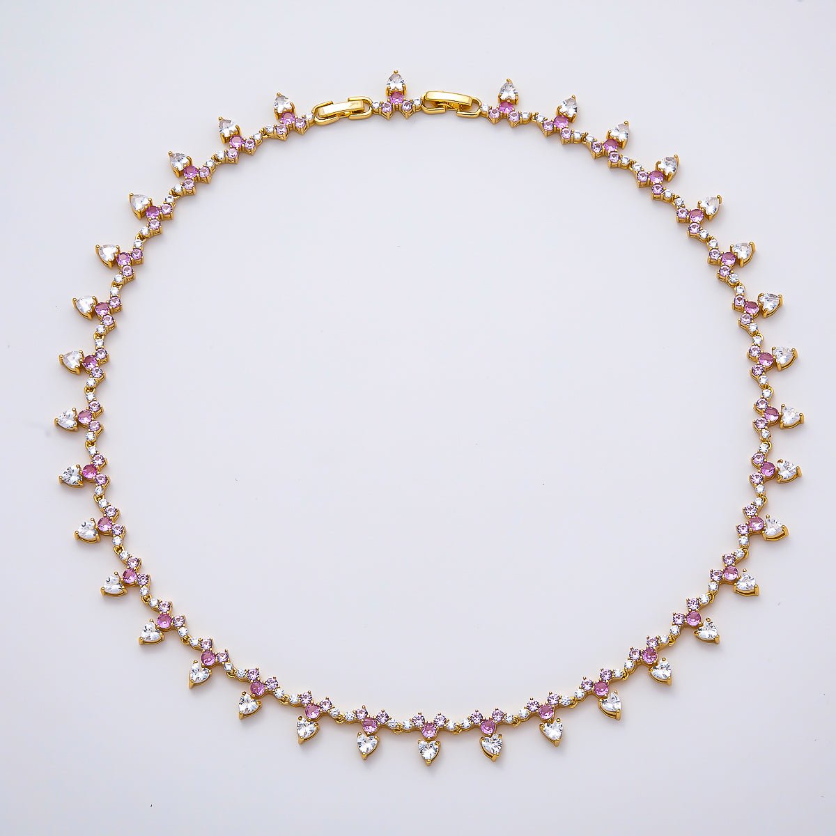 16K Gold Filled Pink Clear Heart Gradient Tennis Chain 16.5 Inch Adjustable Necklace | WA-04680 - DLUXCA