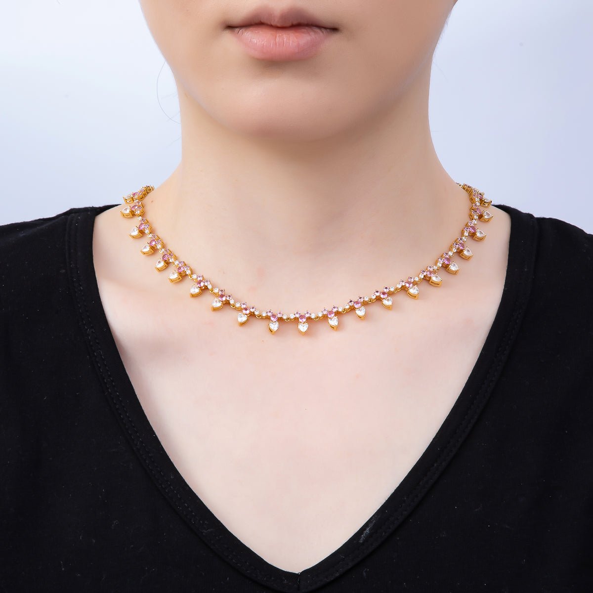 16K Gold Filled Pink Clear Heart Gradient Tennis Chain 16.5 Inch Adjustable Necklace | WA-04680 - DLUXCA