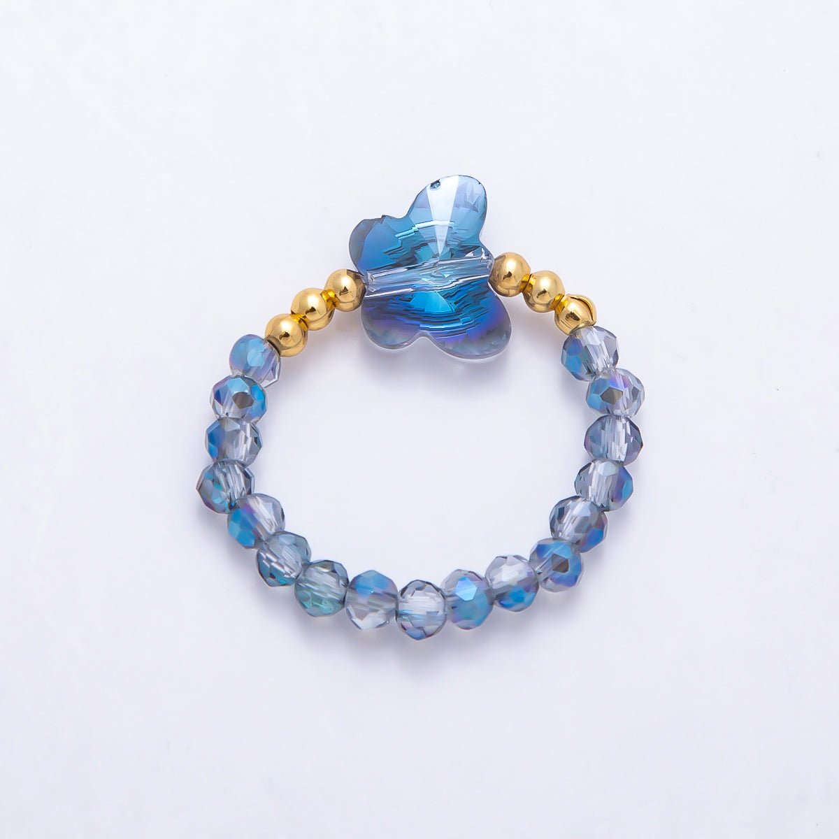 16K Gold Filled Pink, Dark Blue, White, Purple, Black, Green, Blue, Grey Multifaceted Crystal Gemstone Bead Butterfly Stretch Ring | Rings-00339 ~ Rings-00346 - DLUXCA