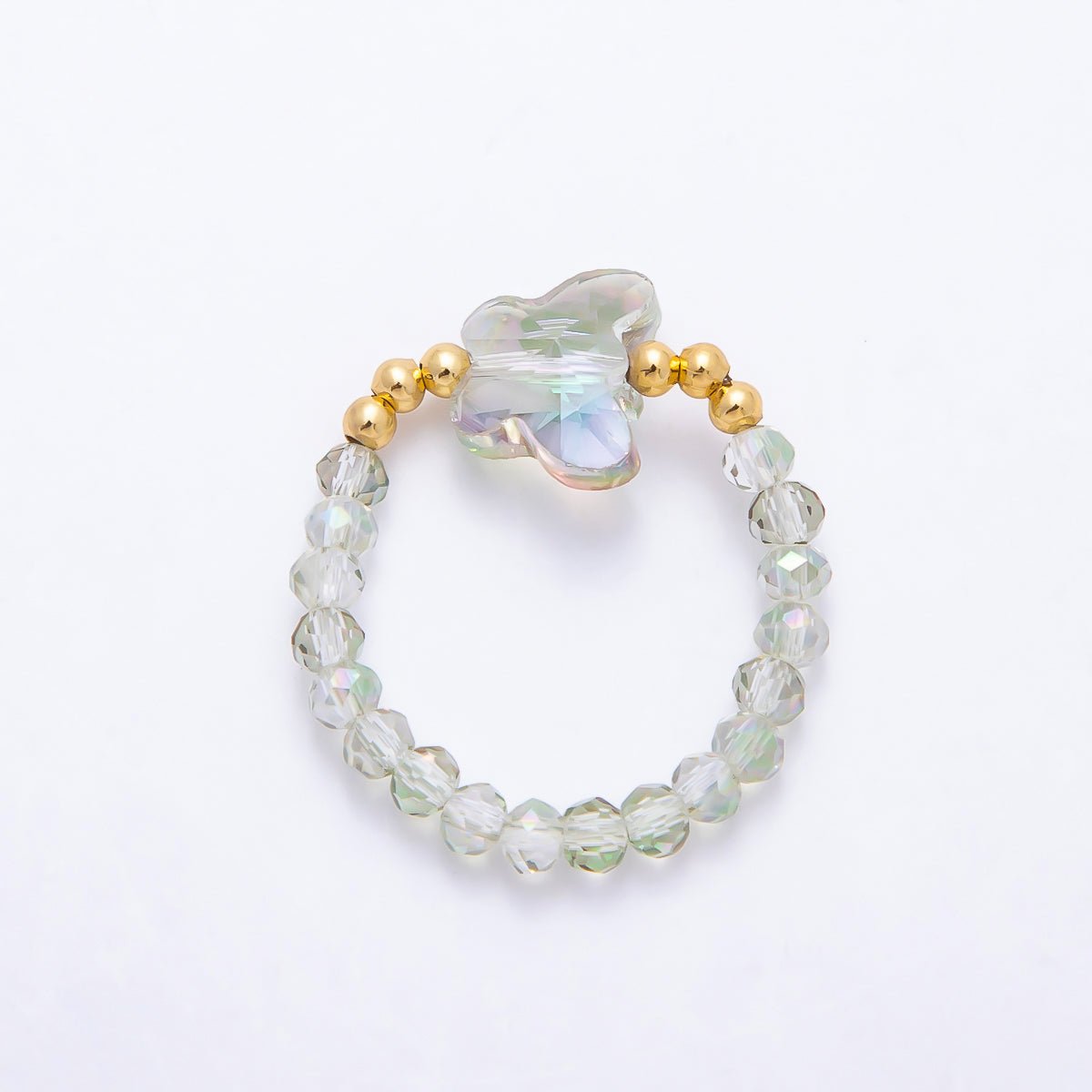 16K Gold Filled Pink, Dark Blue, White, Purple, Black, Green, Blue, Grey Multifaceted Crystal Gemstone Bead Butterfly Stretch Ring | Rings-00339 ~ Rings-00346 - DLUXCA