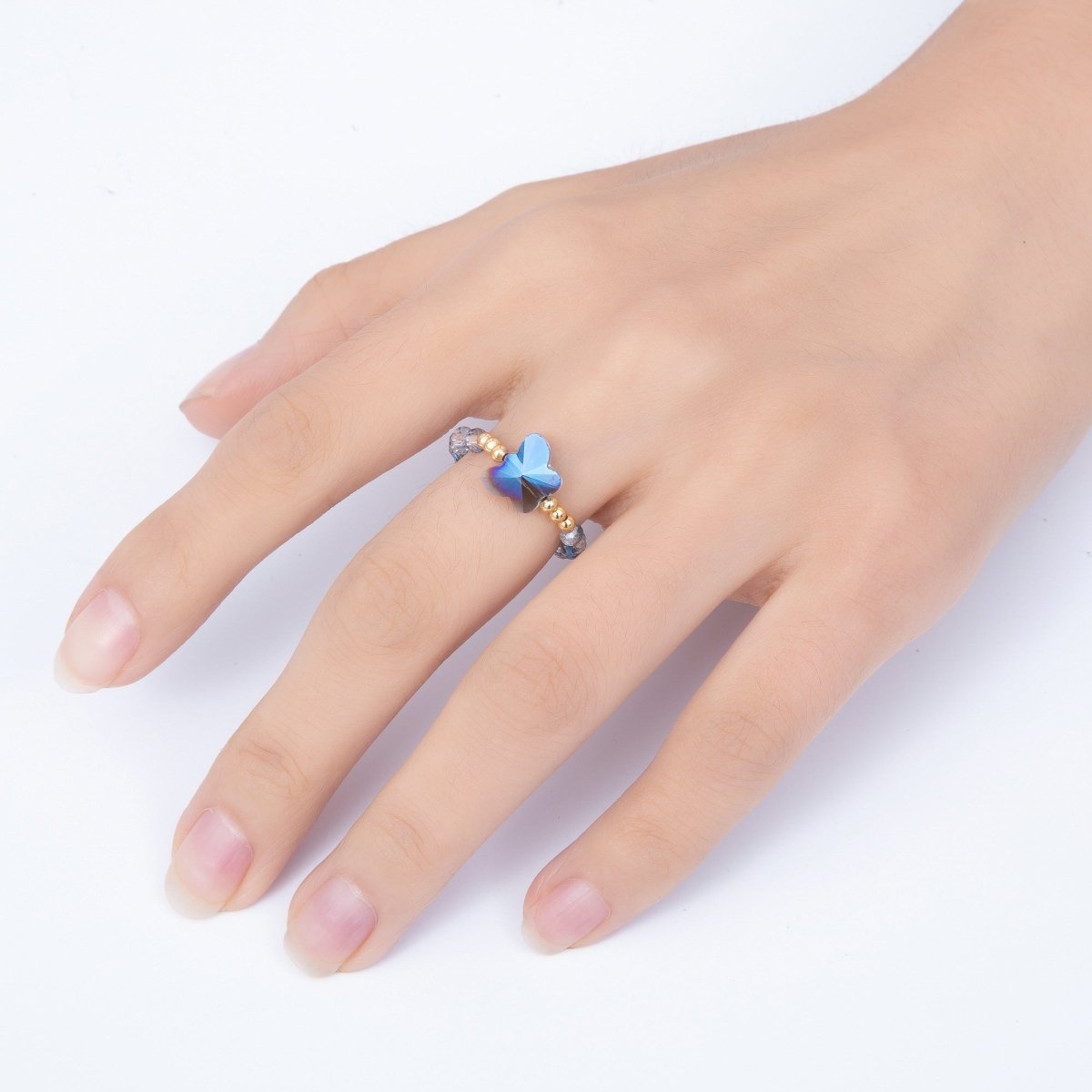 16K Gold Filled Pink, Dark Blue, White, Purple, Black, Green, Blue, Grey Multifaceted Crystal Gemstone Bead Butterfly Stretch Ring | Rings-00339 ~ Rings-00346 - DLUXCA