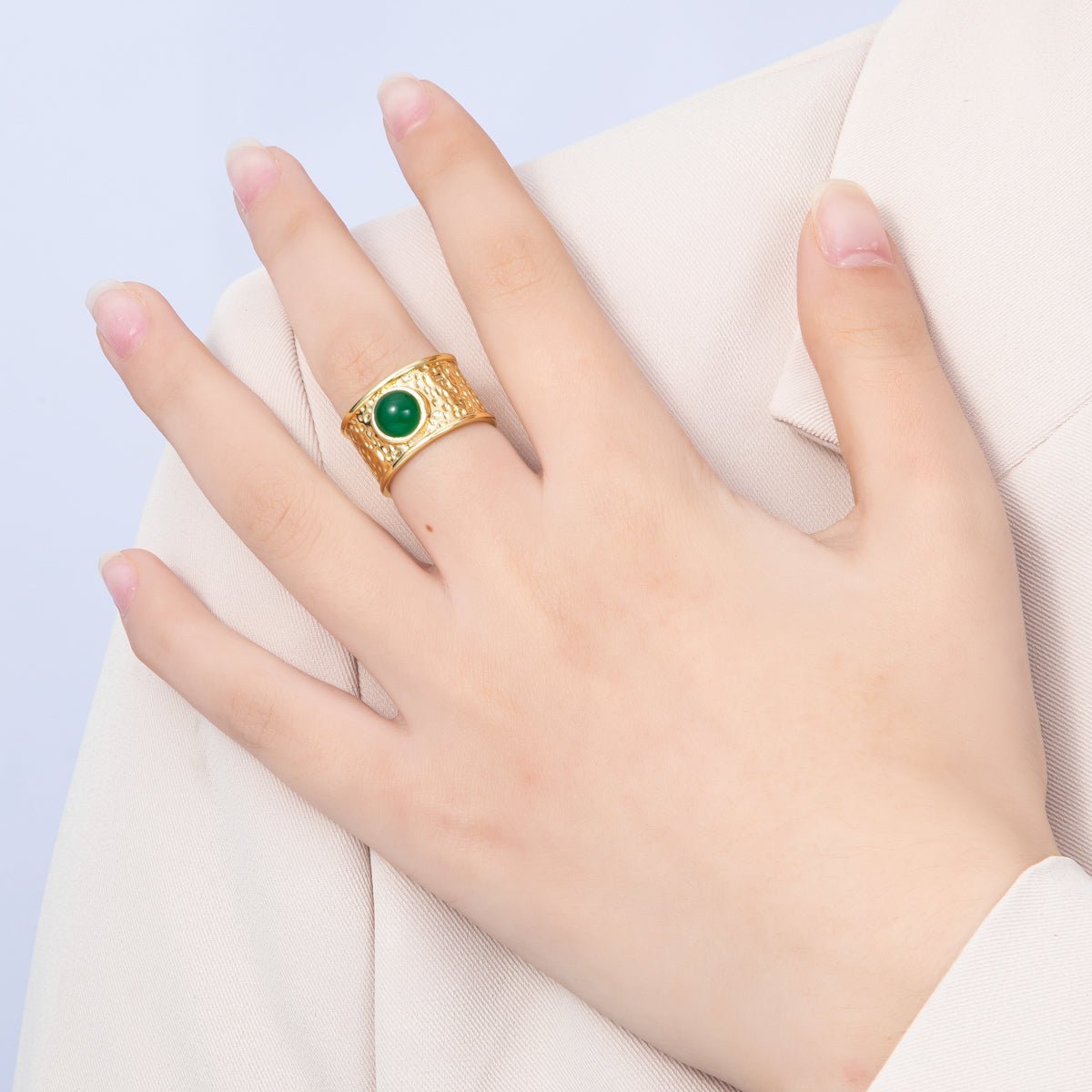 16K Gold Filled Red, Green Cabochon Gemstone Hammered Wide Band Ring | Rings - 00023 Rings - 00024 - DLUXCA