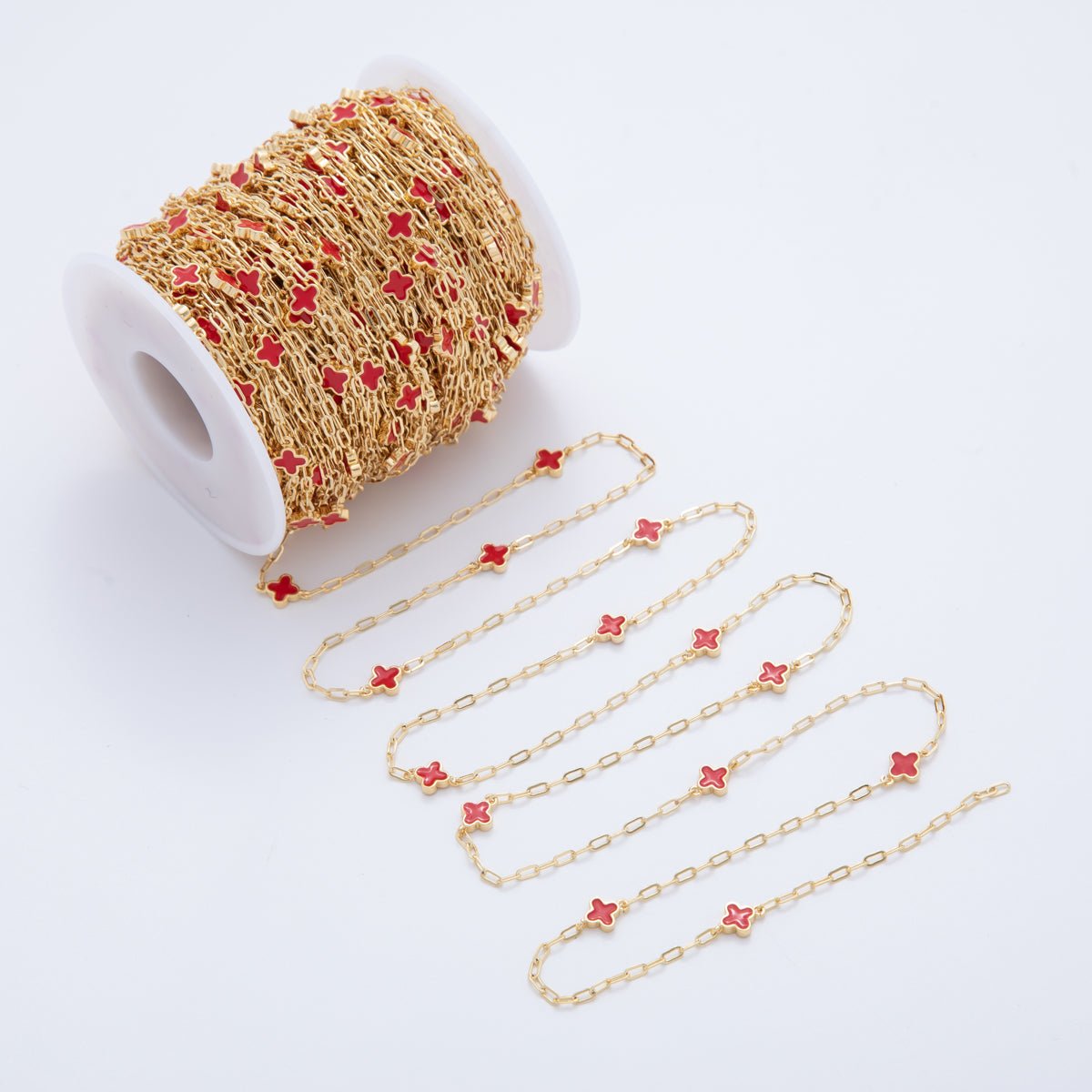 16K Gold Filled Red Quatrefoil Enamel Paperclip Unfinished Chain by Yard | Roll - 1593 - DLUXCA