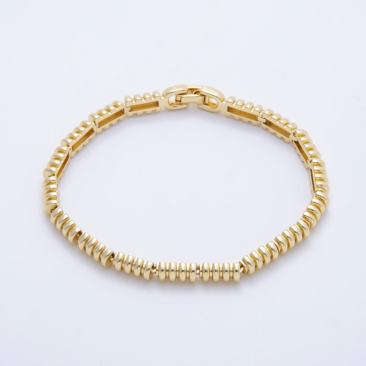 16K Gold Filled Rondelle Ribbed Geometric Link 7 Inch Adjustable Bracelet | WA - 04387 - DLUXCA