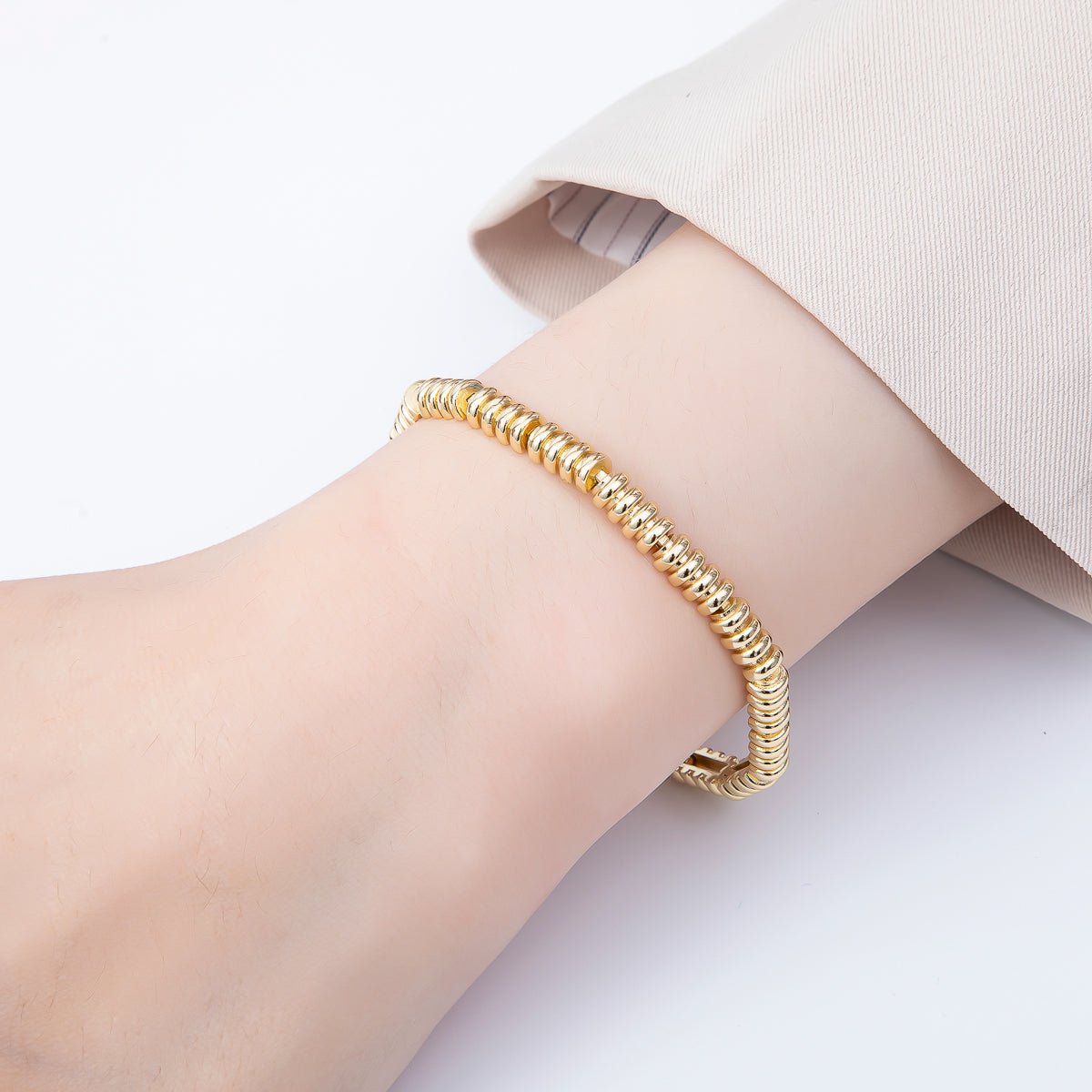 16K Gold Filled Rondelle Ribbed Geometric Link 7 Inch Adjustable Bracelet | WA - 04387 - DLUXCA