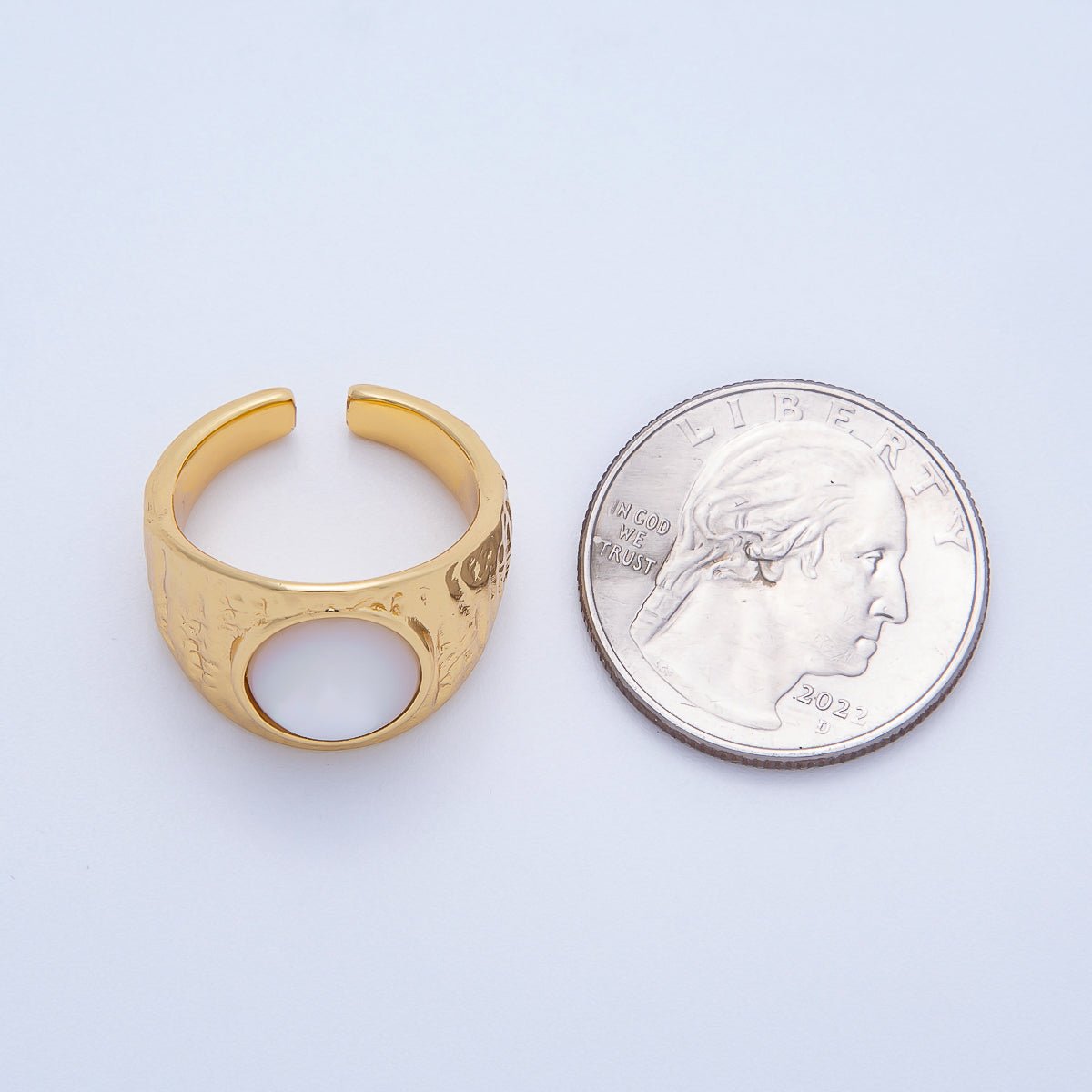 16K Gold Filled Shell Pearl Cabochon Wide Textured Hammered Signet Ring | Rings - 00091 - DLUXCA