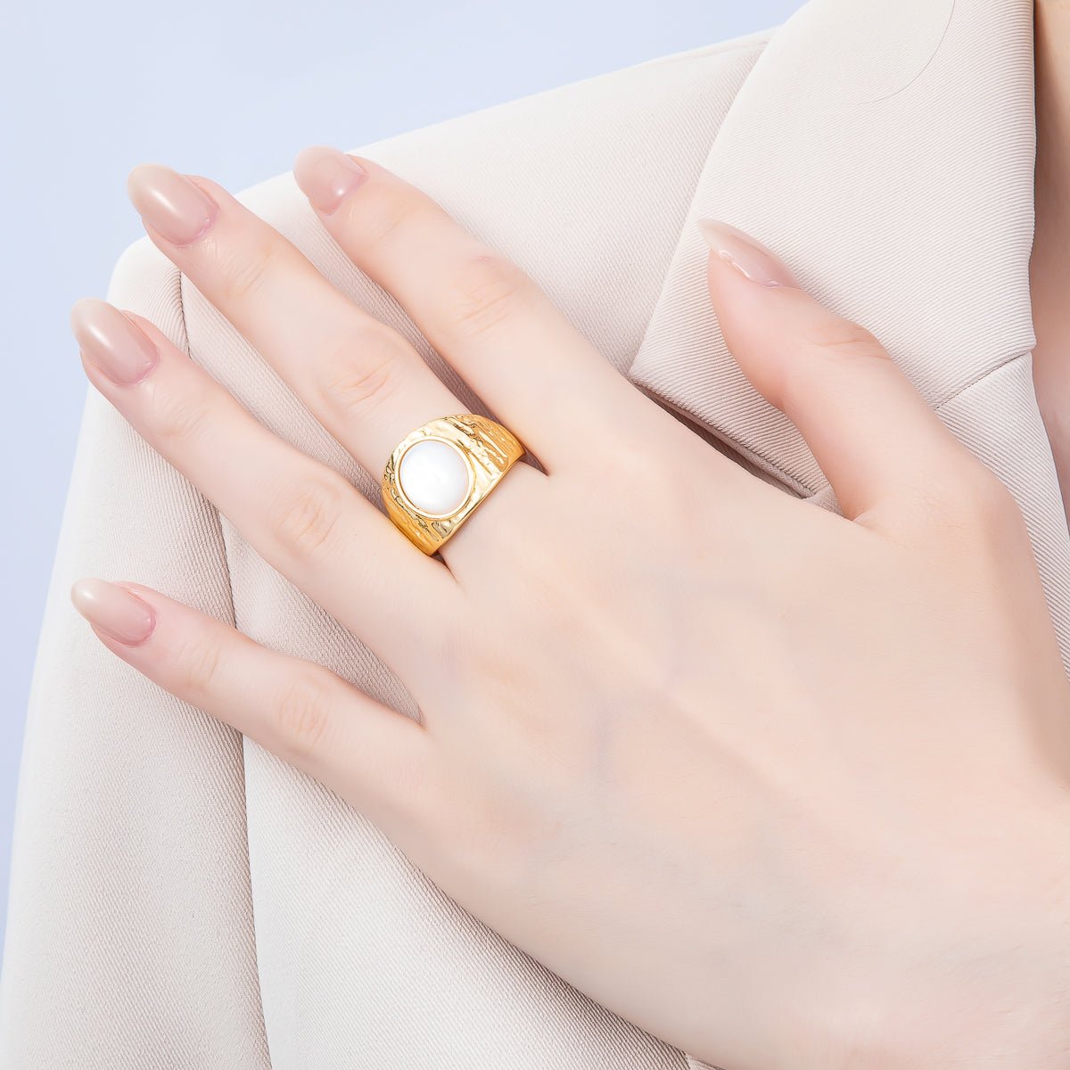 16K Gold Filled Shell Pearl Cabochon Wide Textured Hammered Signet Ring | Rings - 00091 - DLUXCA