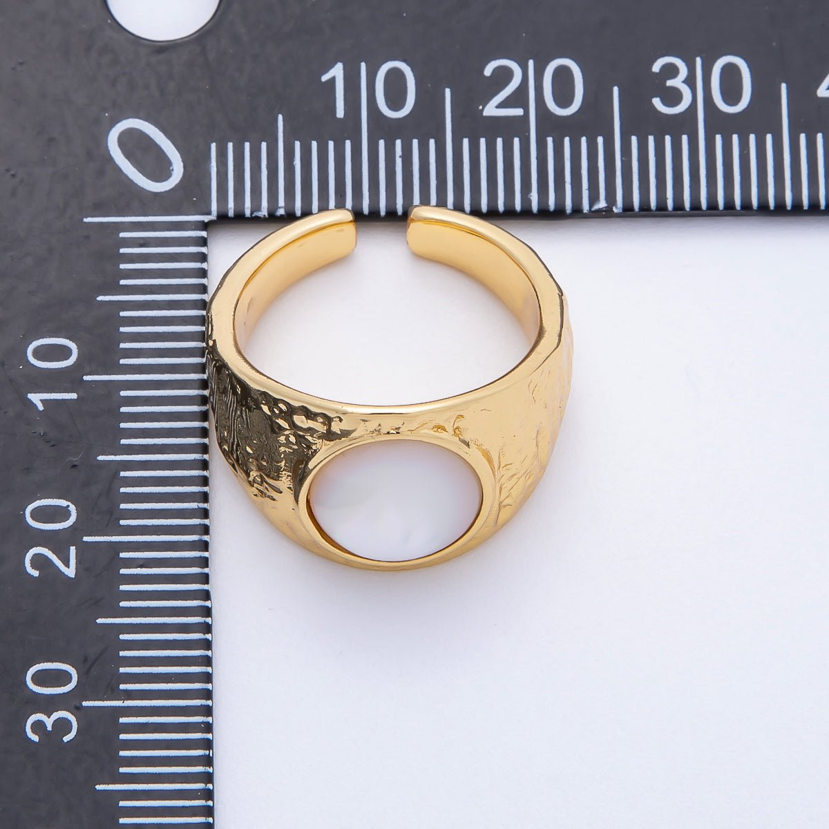 16K Gold Filled Shell Pearl Cabochon Wide Textured Hammered Signet Ring | Rings - 00091 - DLUXCA