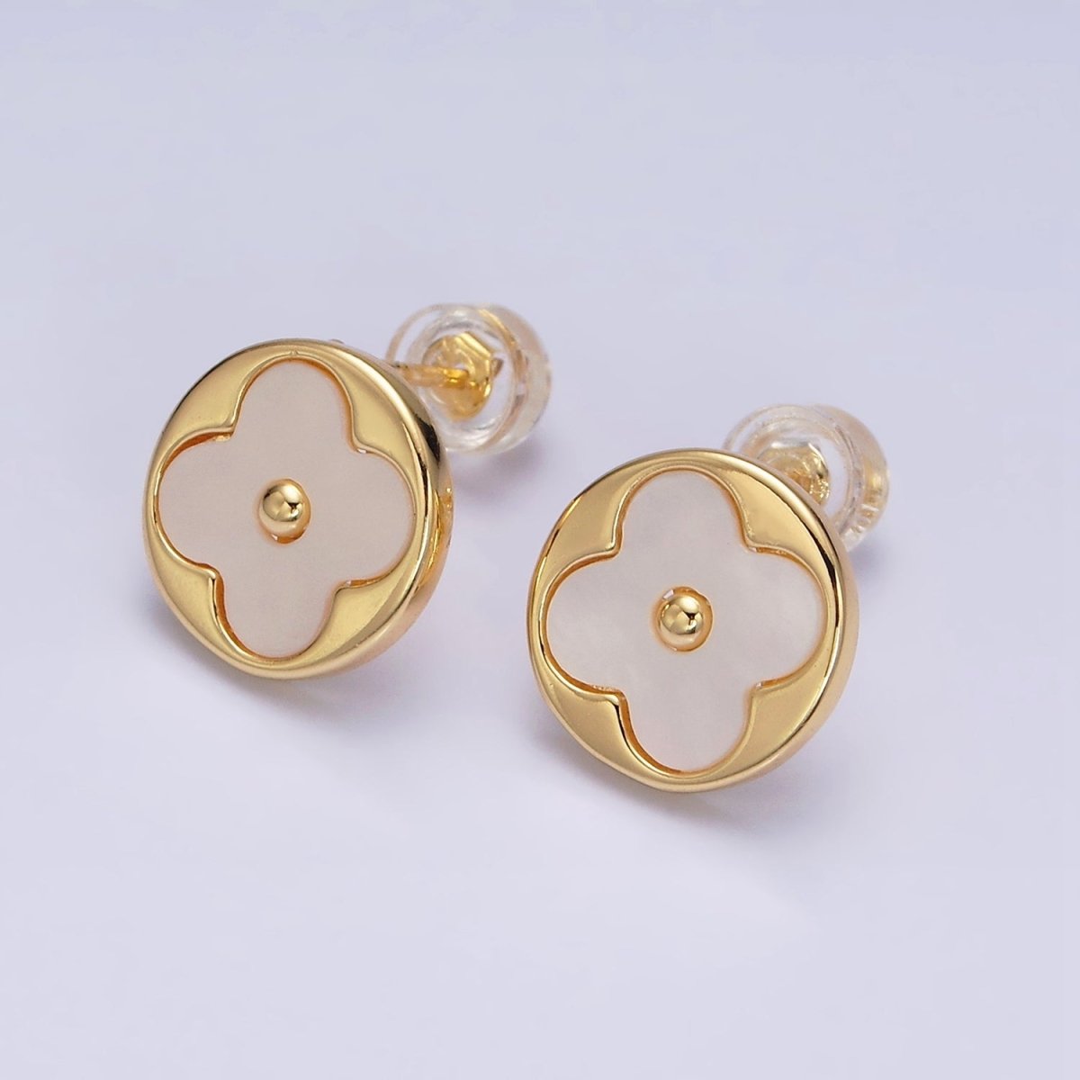 16K Gold Filled Shell Pearl Flower Round Stud Earrings in Gold & Silver | AD-339 AD-340 - DLUXCA