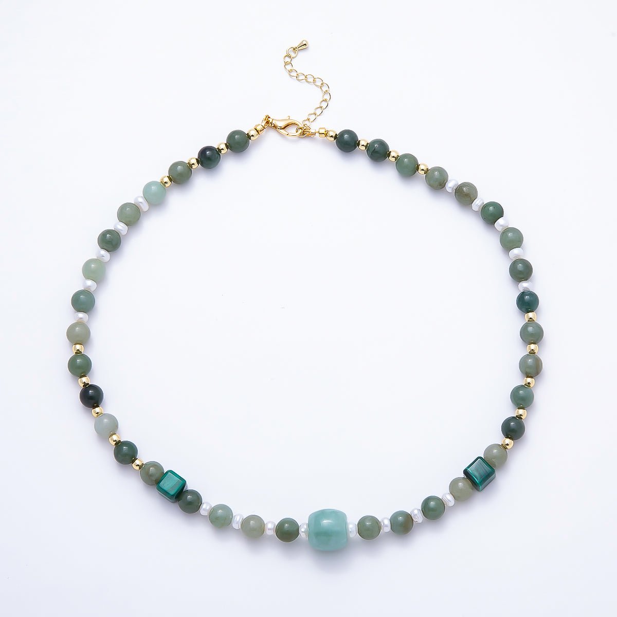 16K Gold Filled Shell Pearl Green Aventurine Malachite Bead Round Gemstone Chain 18 Inch Necklace | WA-00182 - DLUXCA