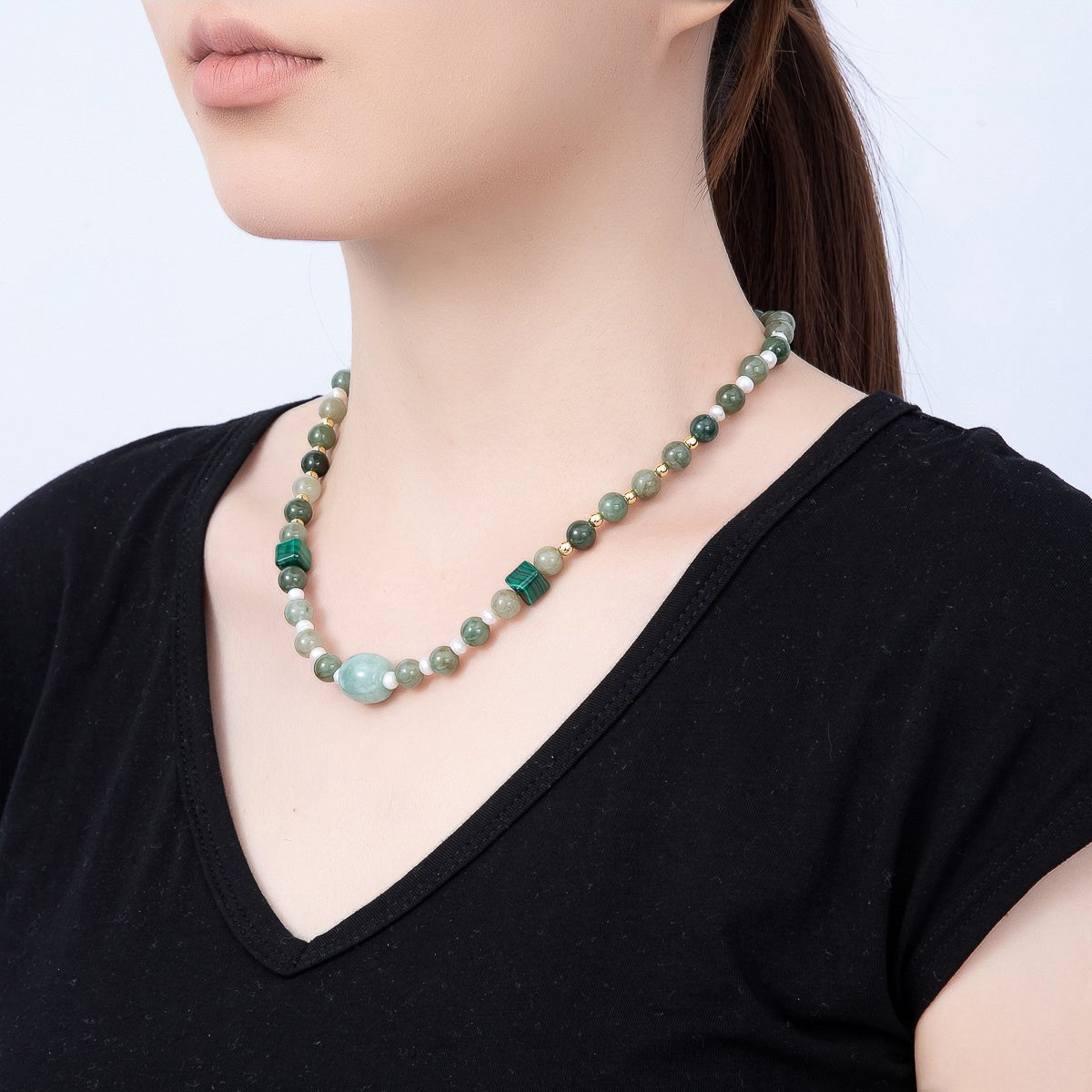 16K Gold Filled Shell Pearl Green Aventurine Malachite Bead Round Gemstone Chain 18 Inch Necklace | WA-00182 - DLUXCA