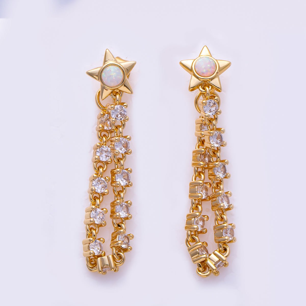 16K Gold Filled Shell Pearl Micro Paved CZ Drop Star Tassel Statement Stud Earrings | Earrings - 00299 - DLUXCA