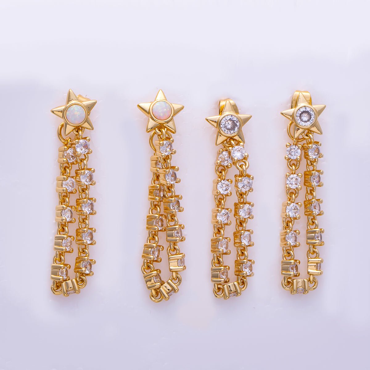 16K Gold Filled Shell Pearl Micro Paved CZ Drop Star Tassel Statement Stud Earrings | Earrings - 00299 - DLUXCA