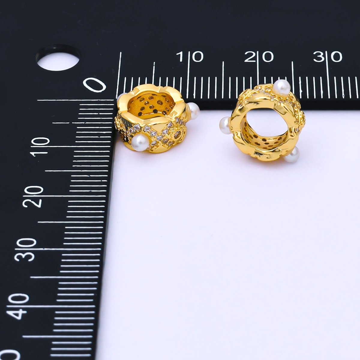 16K Gold Filled Shell Pearl Micro Paved CZ Geometric Rhondelle Bead | B136 - DLUXCA