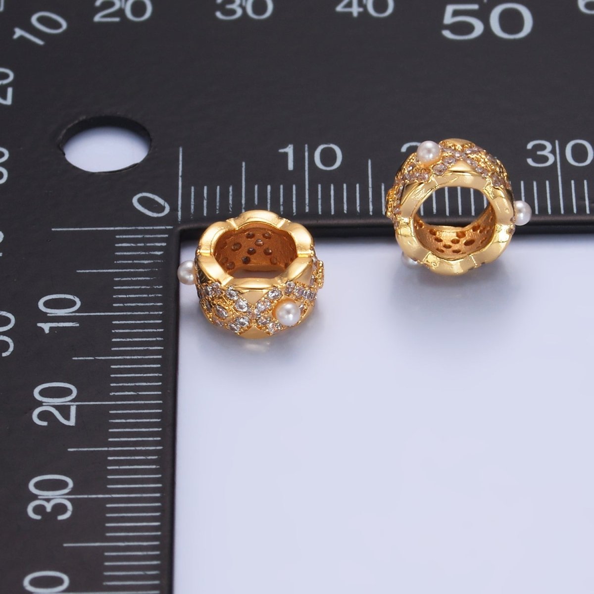 16K Gold Filled Shell Pearl Micro Paved CZ Geometric Rhondelle Bead | B136 - DLUXCA